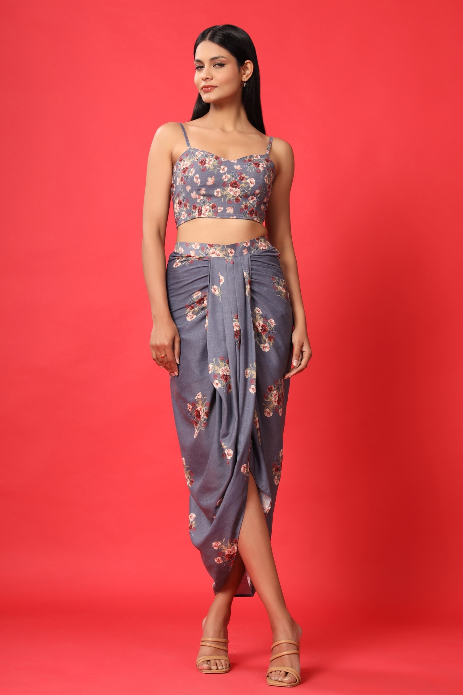 Pasha India - Blue Linen Printed Floral Round Crop Top And Skirt Set For  Women