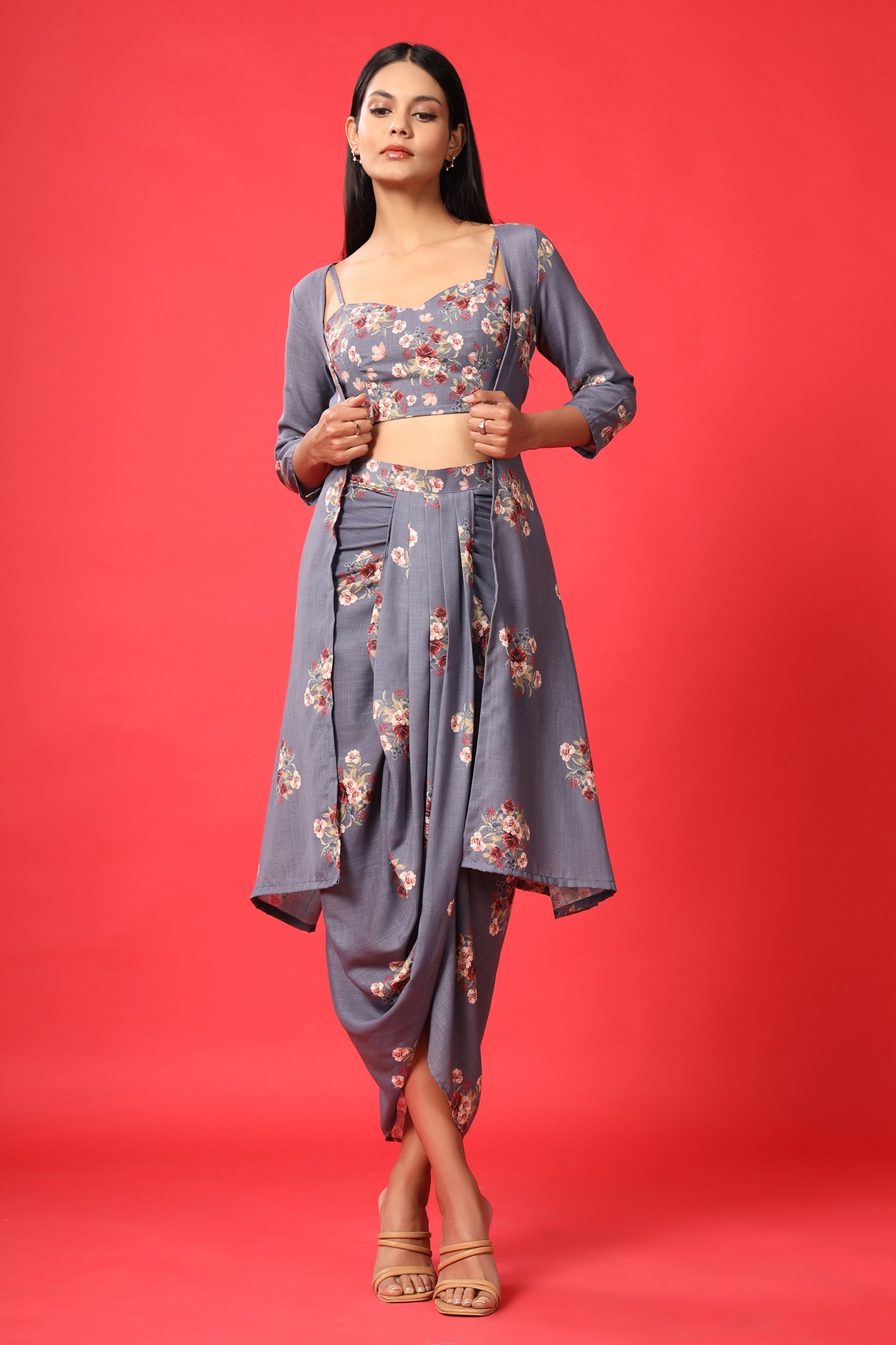 Pasha India - Blue Linen Printed Floral Round Crop Top And Skirt Set For  Women