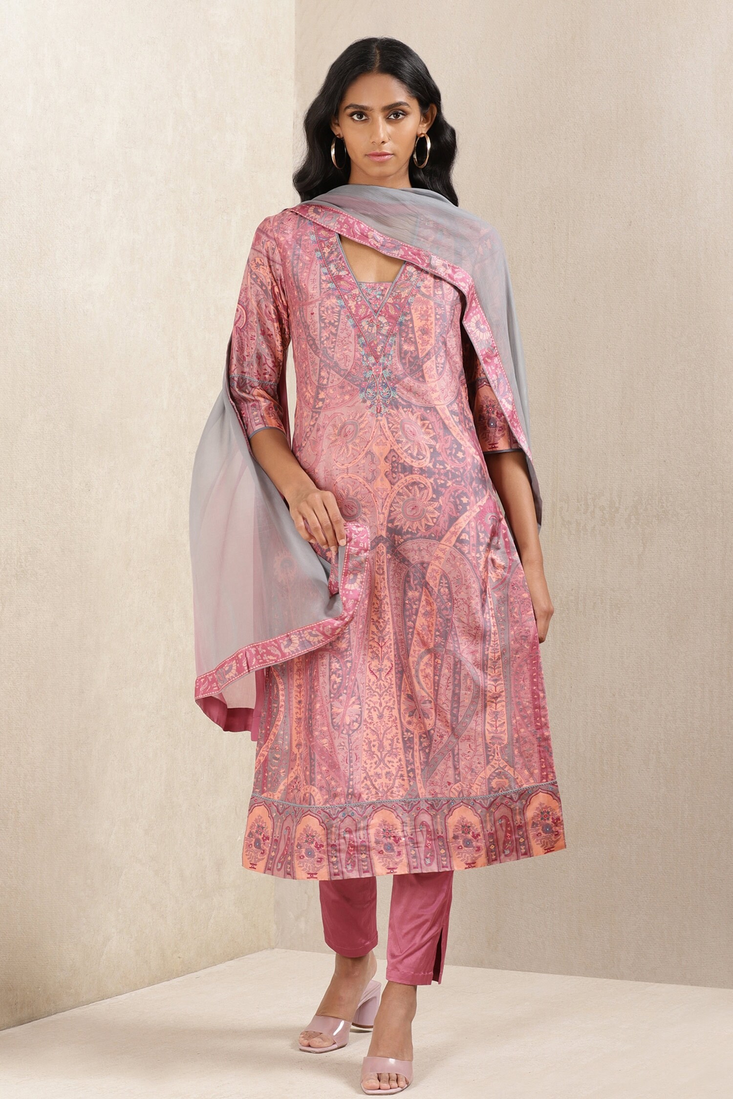 Buy Ritu Kumar Pink Viscose Jamawar Print Kurta Pant Set Online Aza