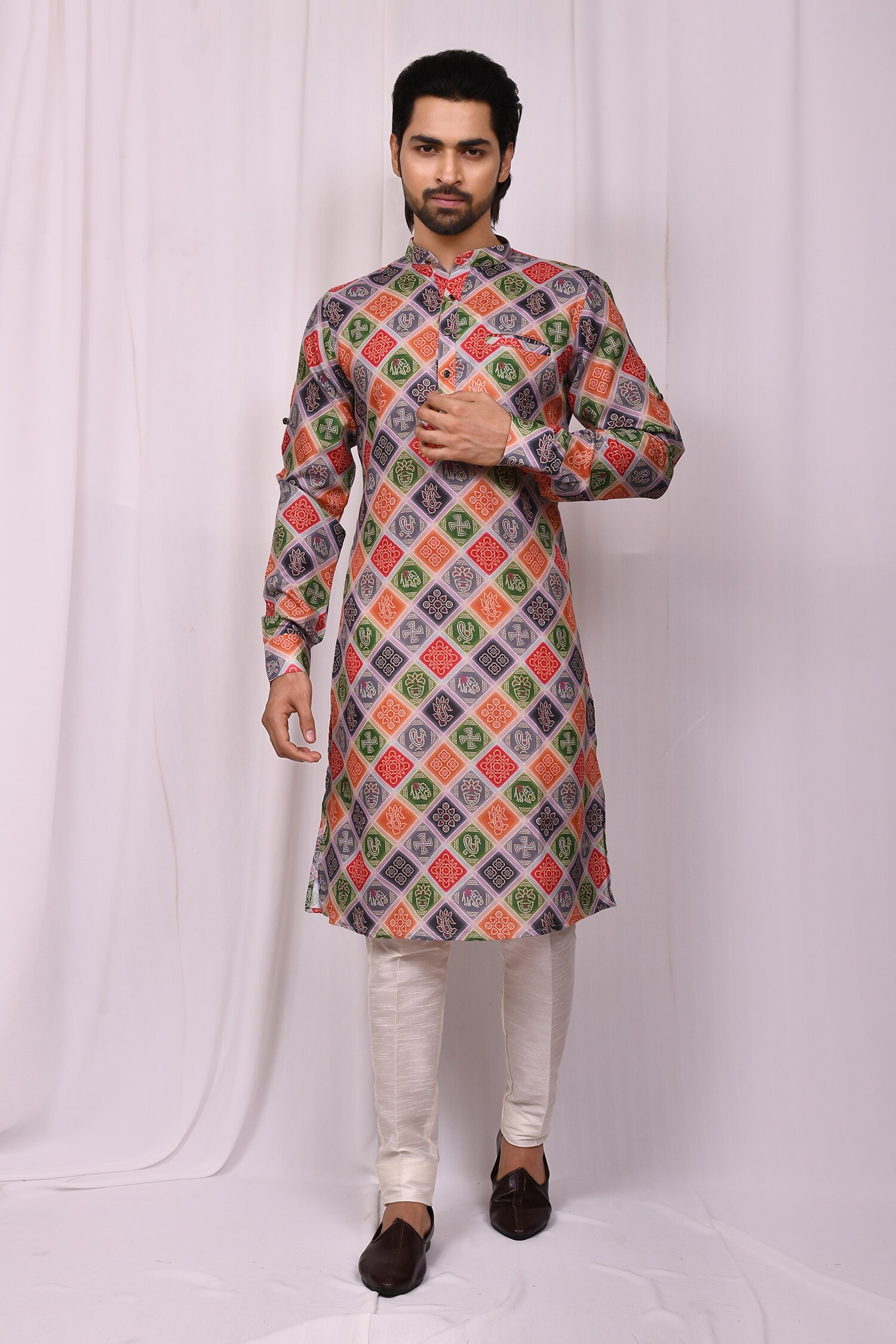 Aryavir Malhotra Multi Color Cotton Printed Bandhej Kurta Set For Men