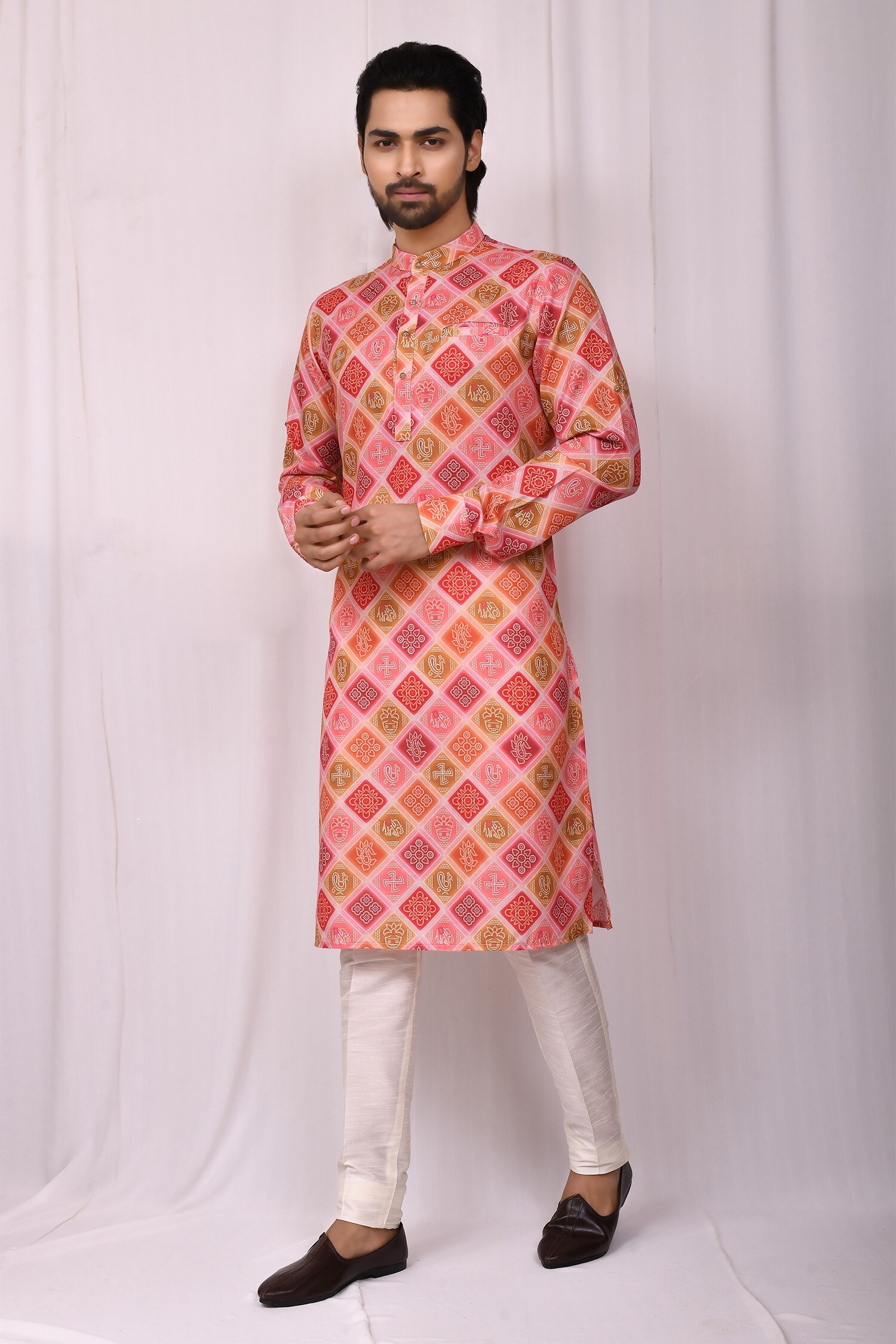 Aryavir Malhotra Multi Color Cotton Silk Printed Bandhej Kurta Set For Men