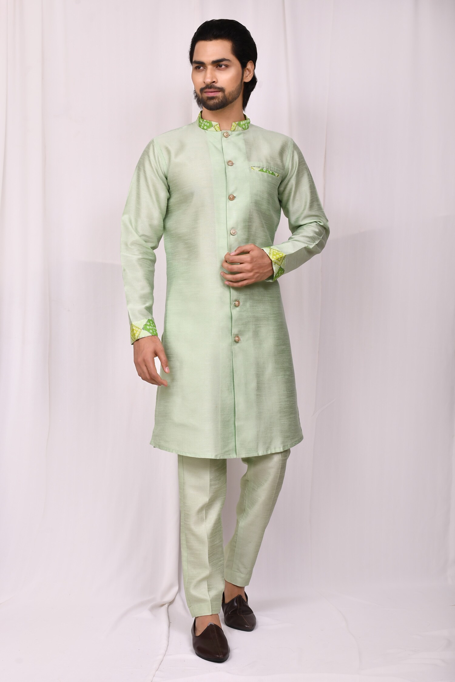 Buy Green Art Silk Printed Bandhej Button Down Kurta Set For Men By Aryavir Malhotra Online At 9492