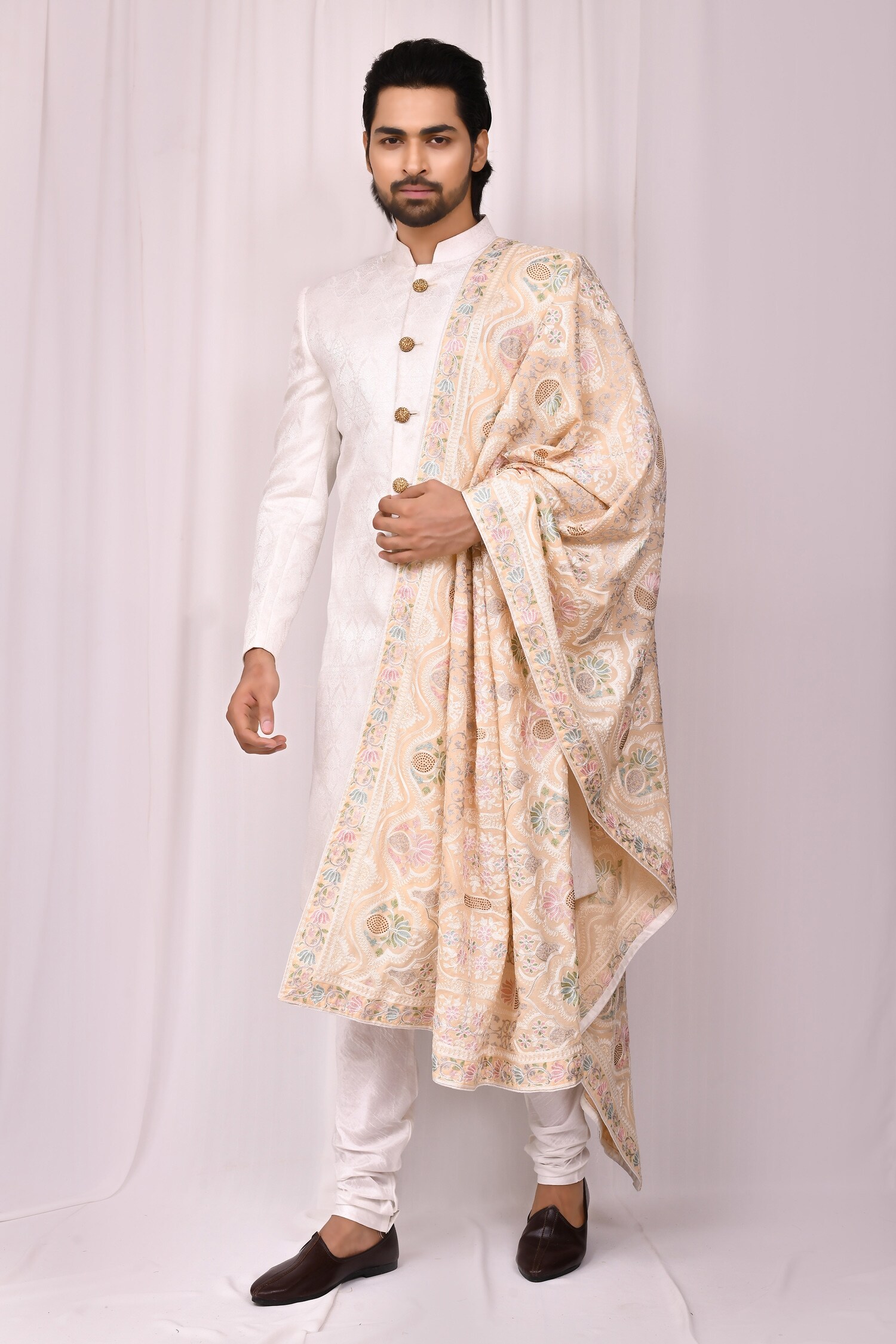 Aryavir Malhotra White Thread Work Floral Embroidered Shawl