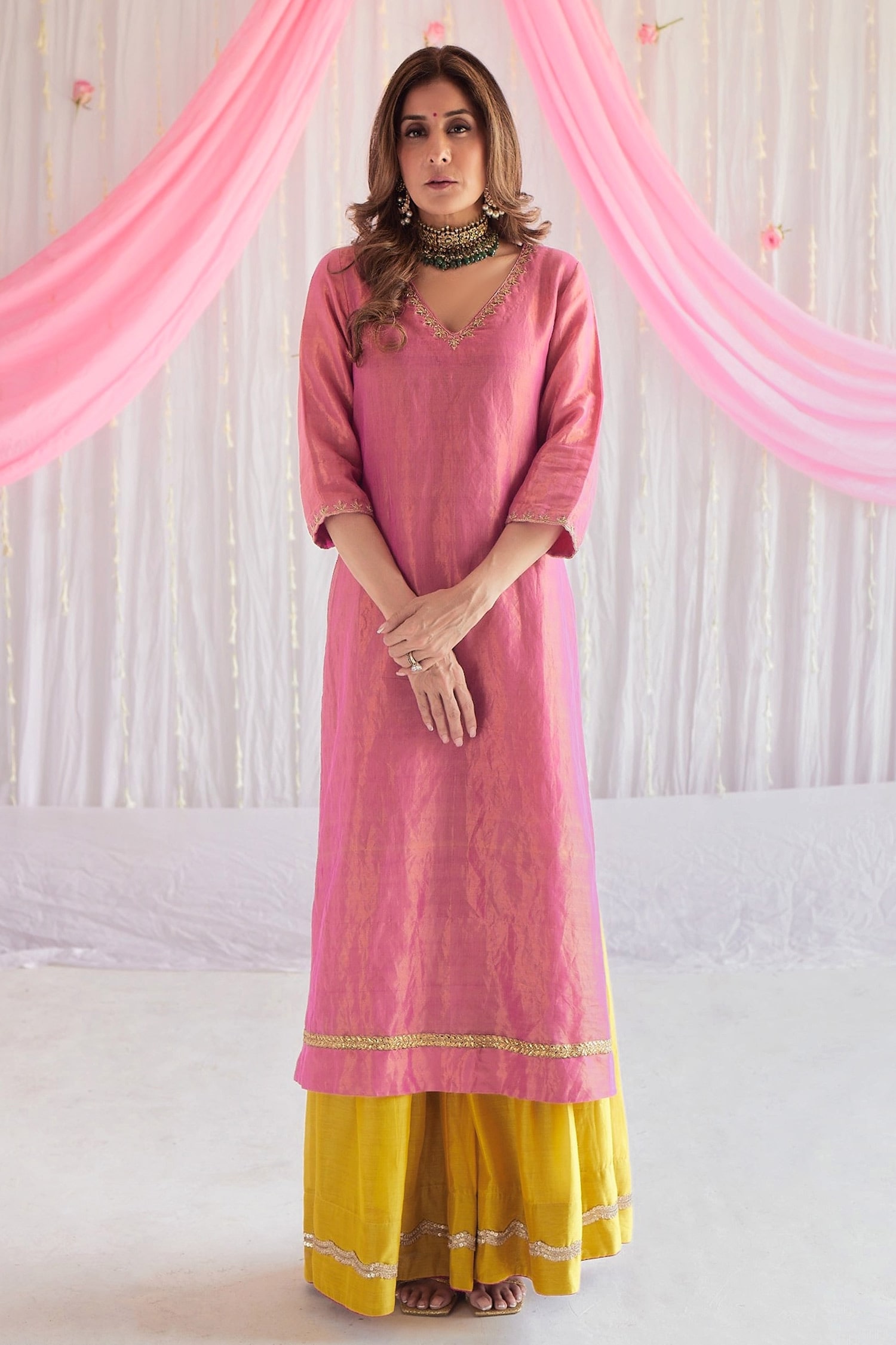 Buy Pink Kurta: Handloom Tissue Plain V Neck Anu Straight And Sharara ...