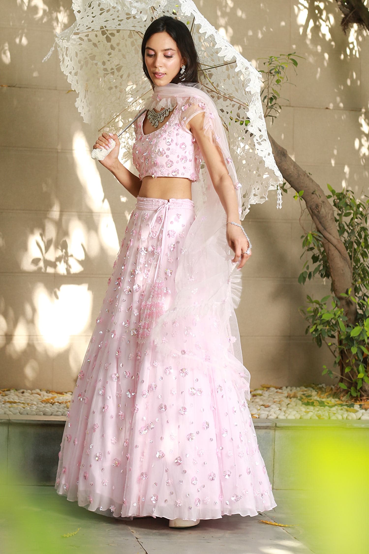 Buy Powder Pink Pink Net Floral Embellished Lehenga Set Online | Aza ...