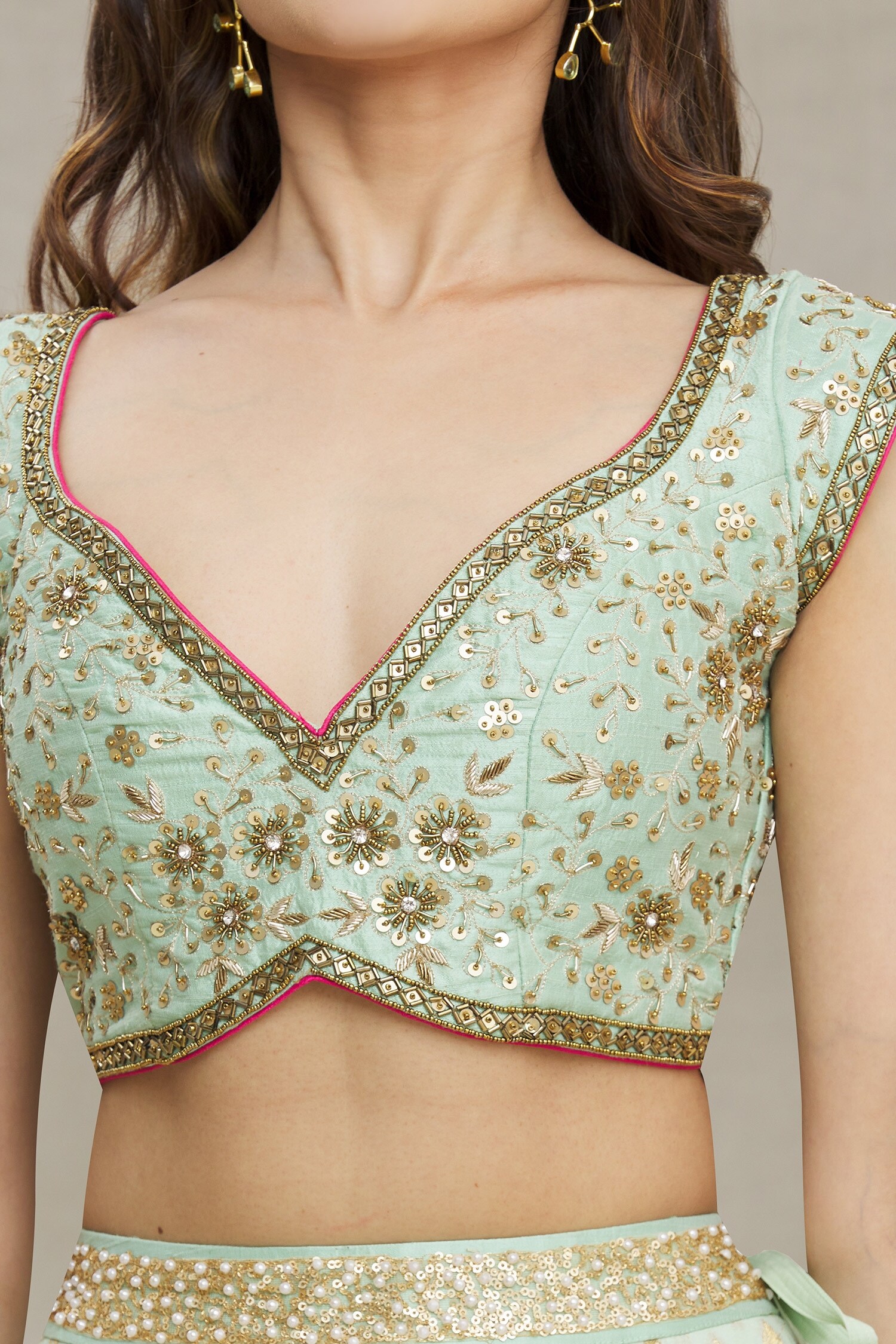 Buy Green Blouse Raw Silk Embroidered Floral Plunge V Neck And