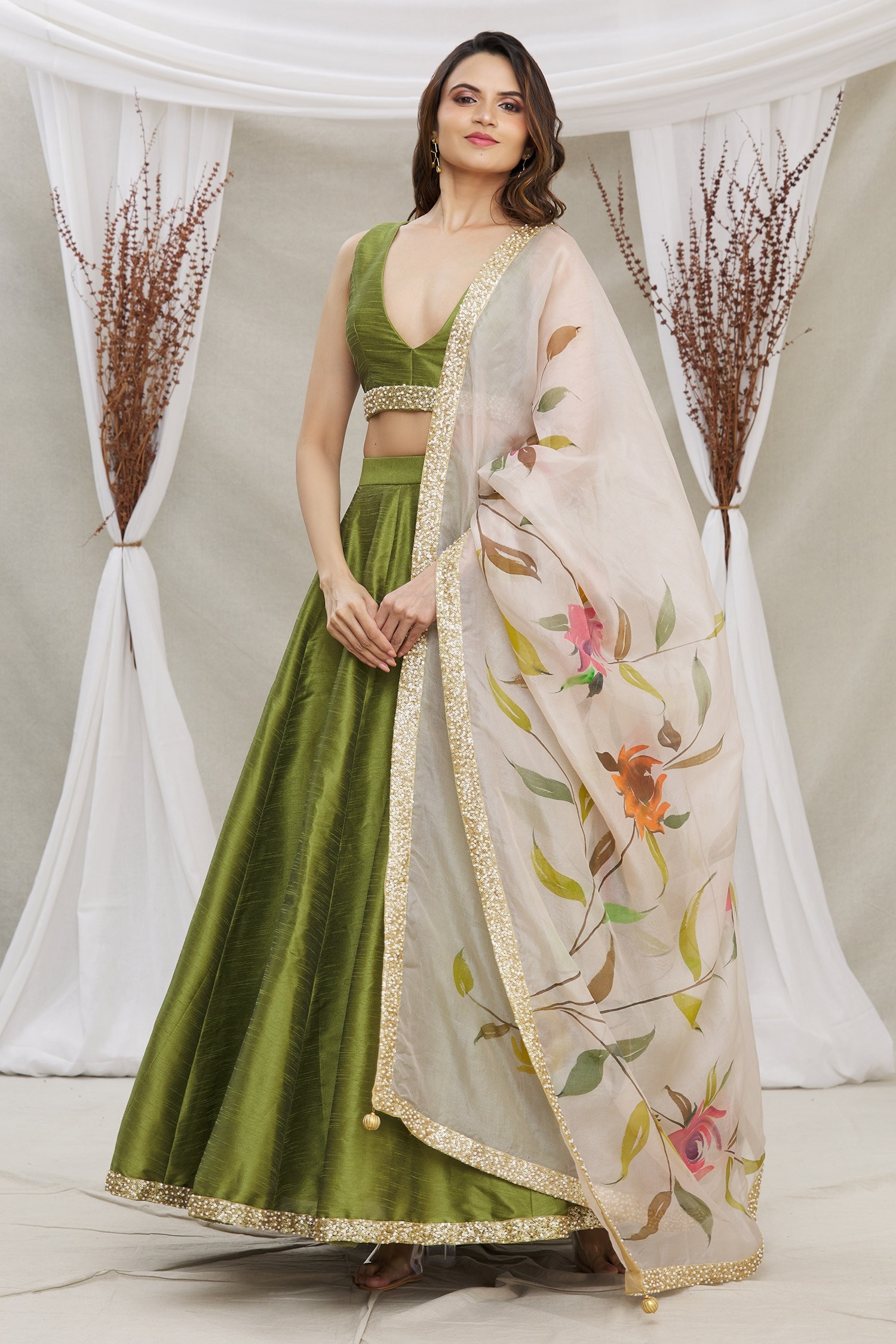 Buy Moss Green Designer Handpainted Floral Organza Suit Set for Women