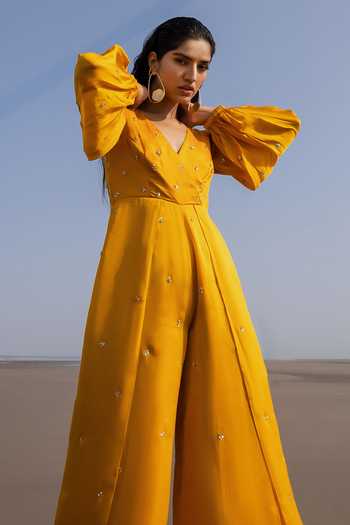 Buy Yellow Satin Organza Embroidery Tikki V Neck Balloon Sleeve 