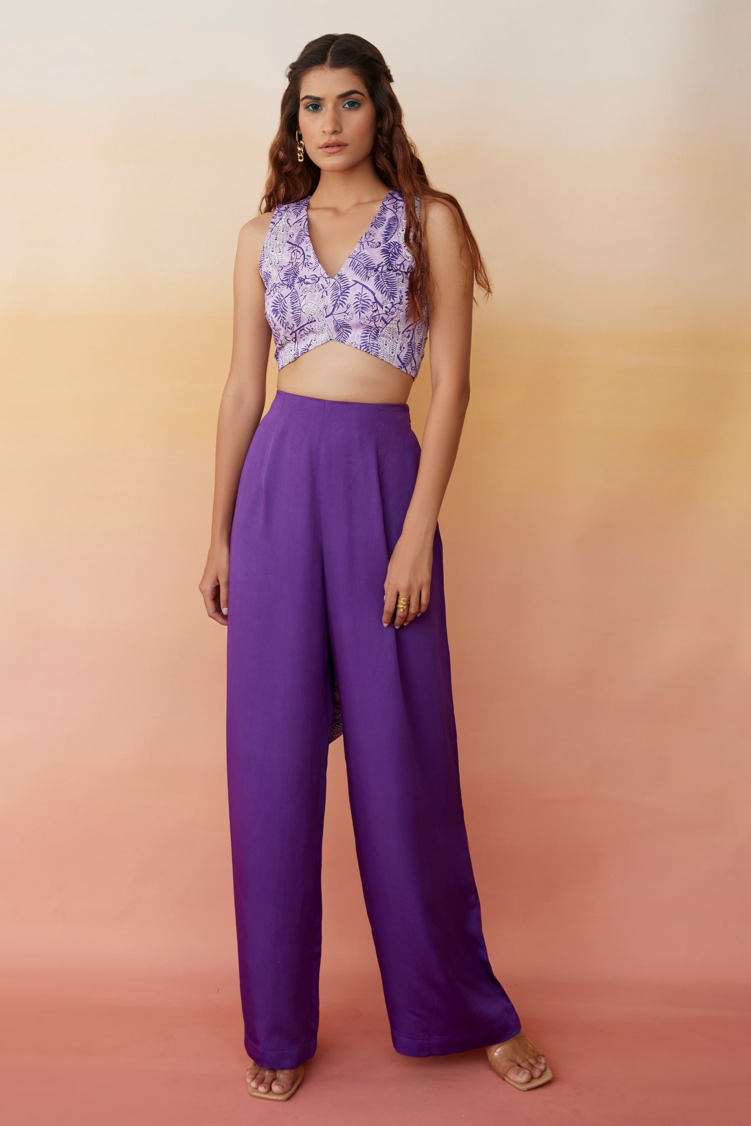Buy Purple Modal Block V Neck Savannah Crop Top And Pant Set For