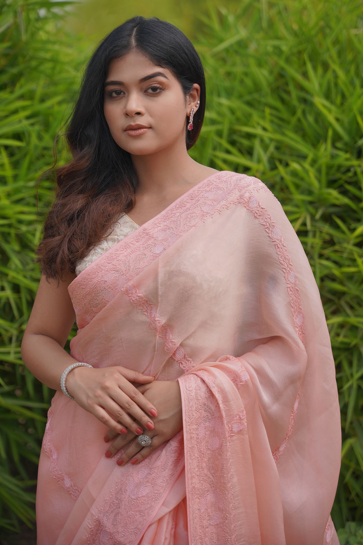 Iktaar by Meena - Green Saree And Blouse Georgette & Underskirt Satin  Floral Chikankari For Women