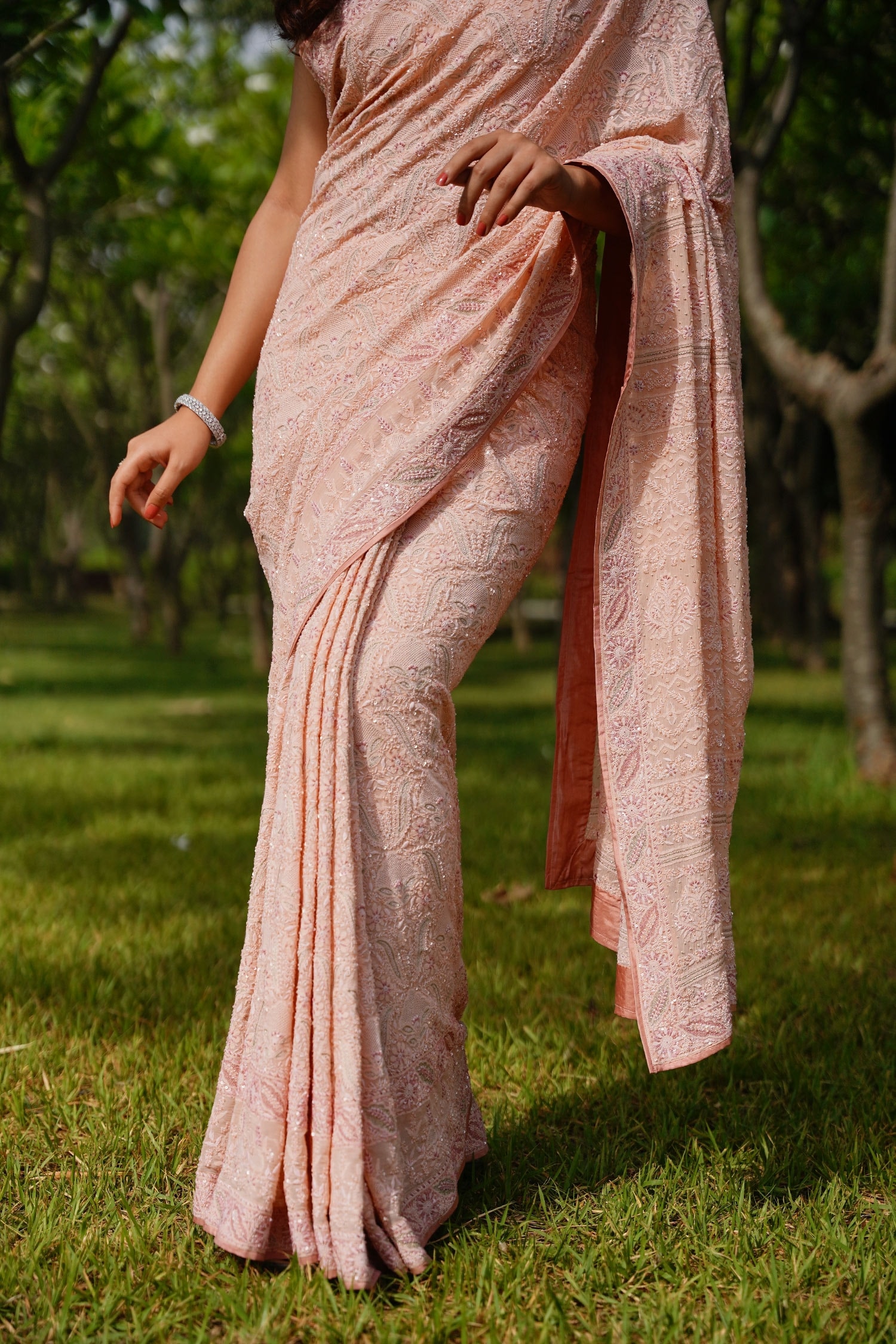 Iktaar by Meena - Peach Saree And Blouse Chiffon & Underskirt Satin Silk  Chikankari For Women