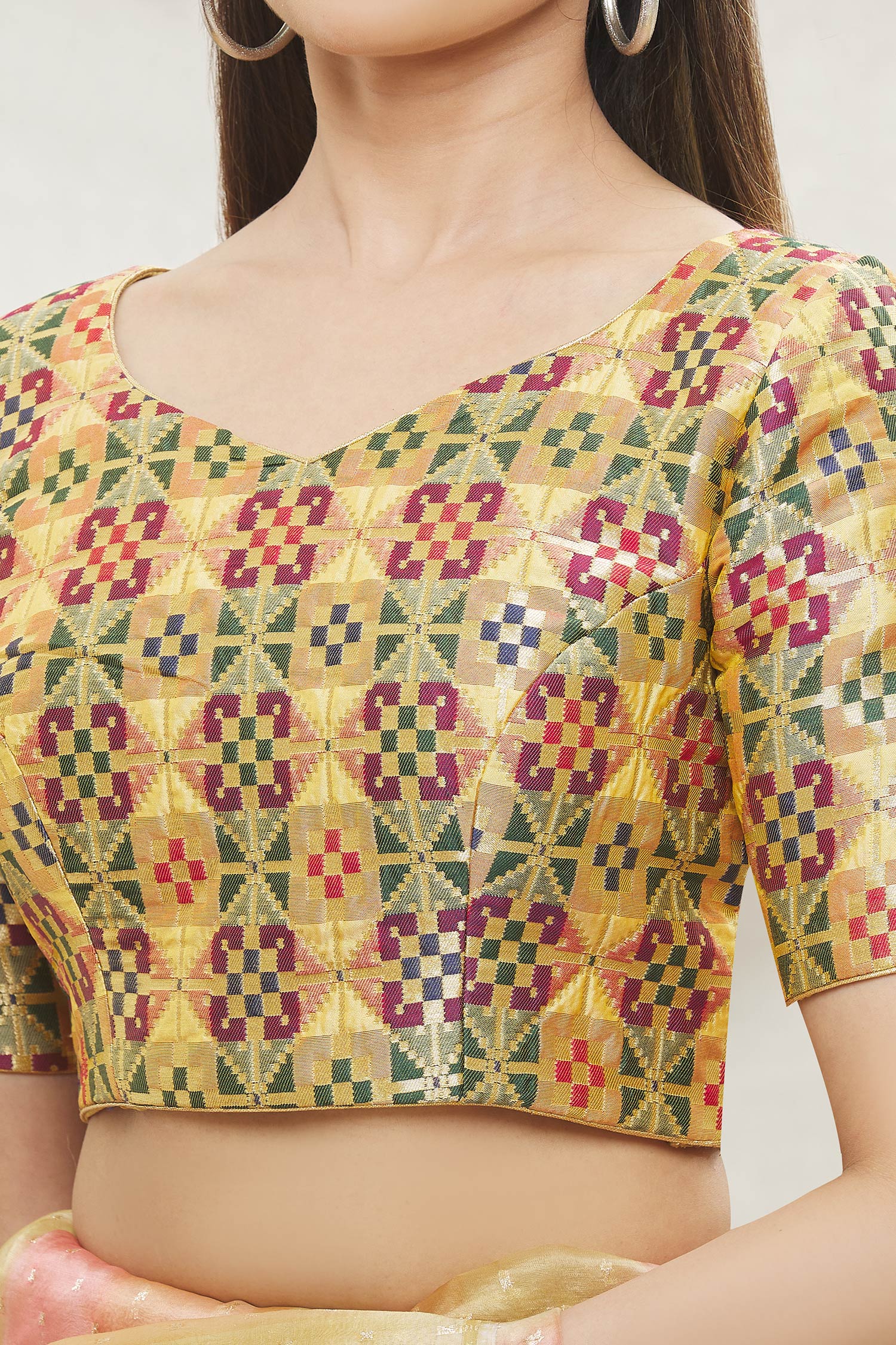 Nazaakat by Samara Singh - Brown Jacquard Plain V Neck Short Sleeve Blouse  For Women