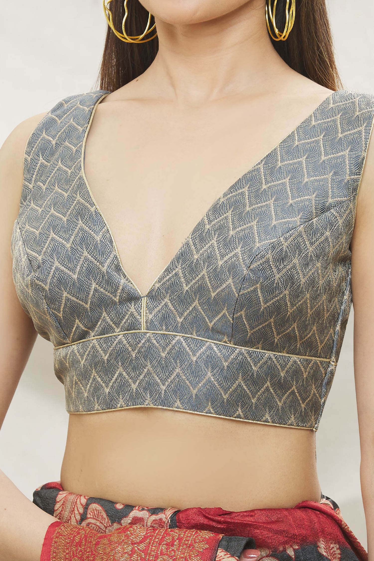 Buy Brown Jacquard Plain V Neck Short Sleeve Blouse For Women by Nazaakat  by Samara Singh Online at Aza Fashions.