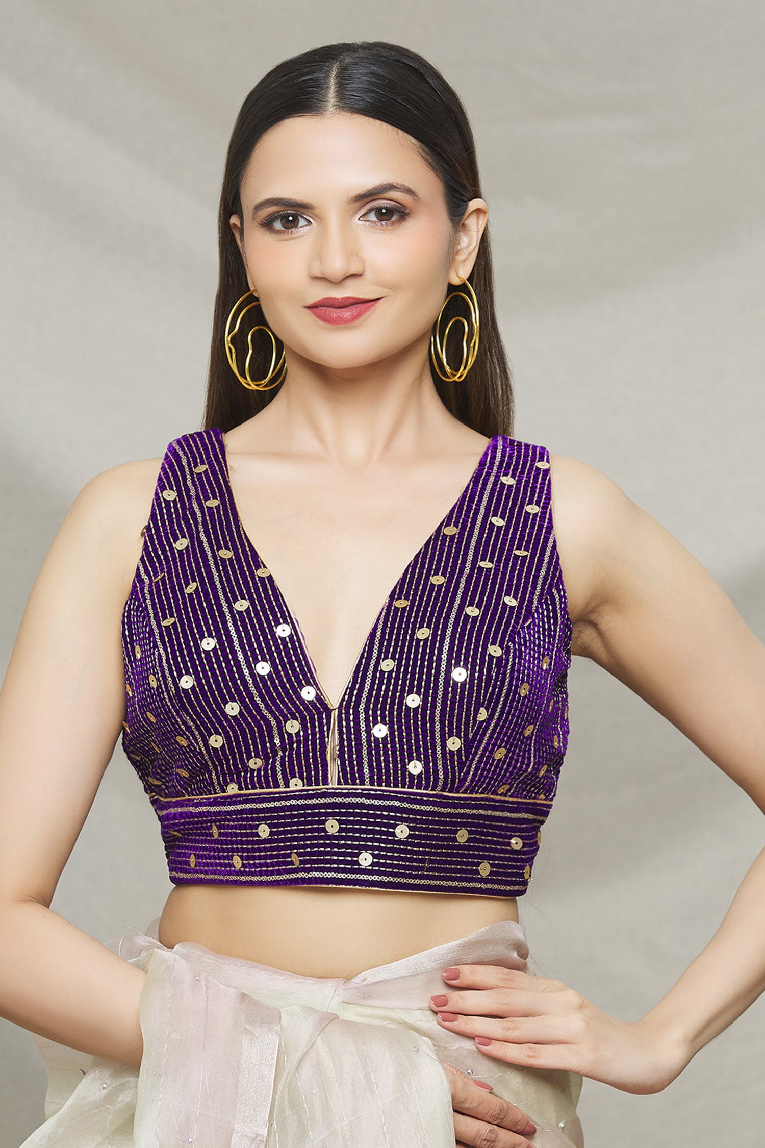 Buy Nazaakat by Samara Singh Purple Velvet Sleeveless Blouse Online ...