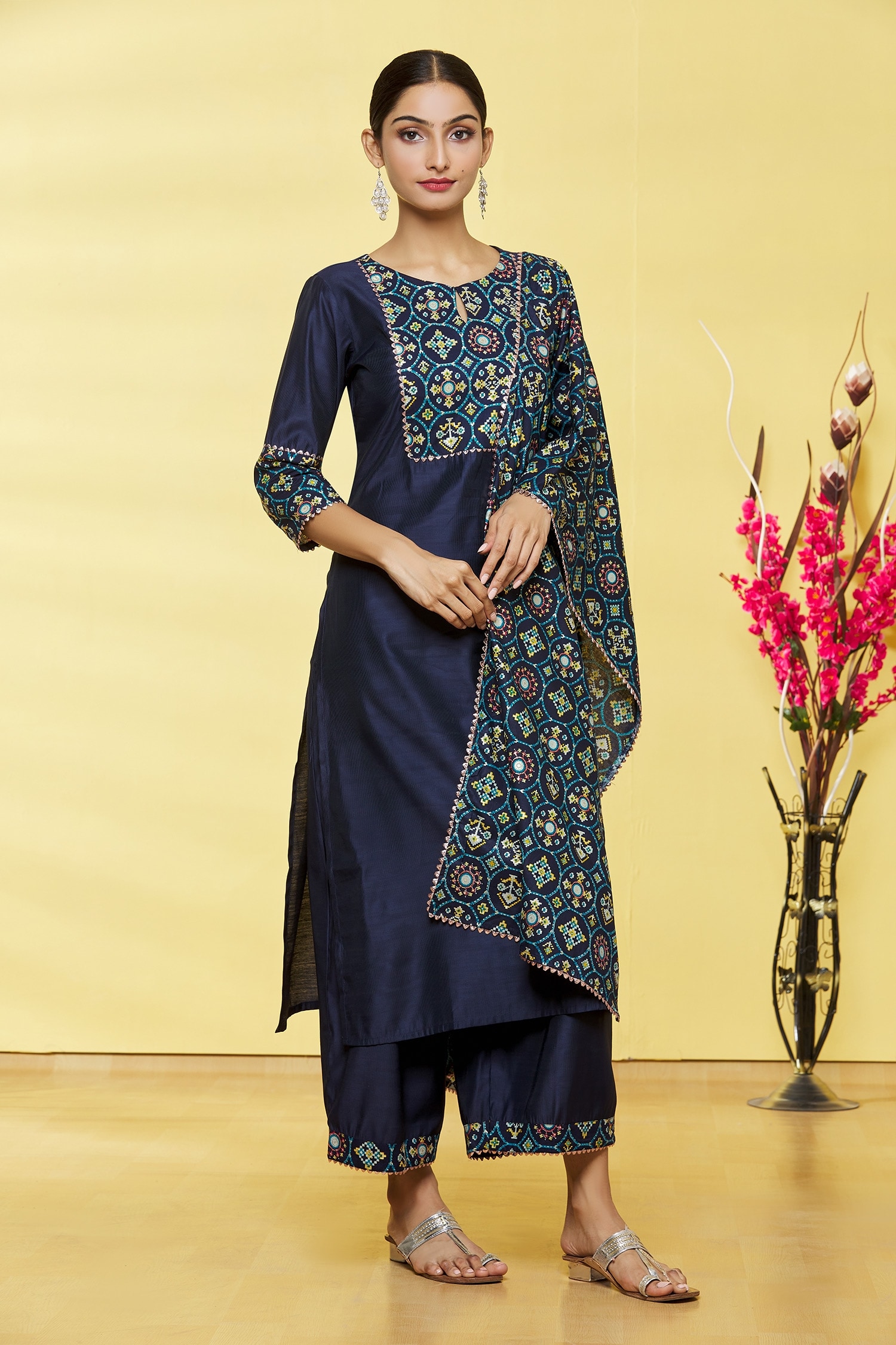 Buy Blue Kurta: Liva Printed Patola Keyhole Set For Women by Nazaakat ...