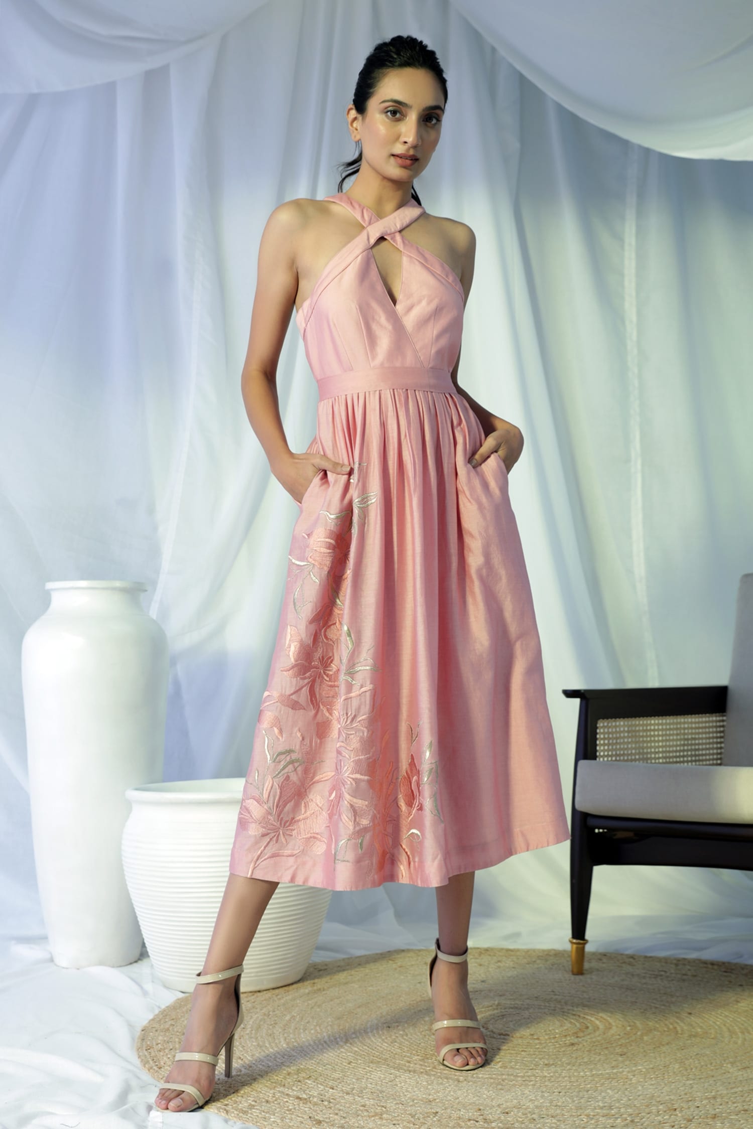 Madder Much - Pink 80% Cotton 20% Silk Embroidery Floral Halter Neck Sofia  Dress