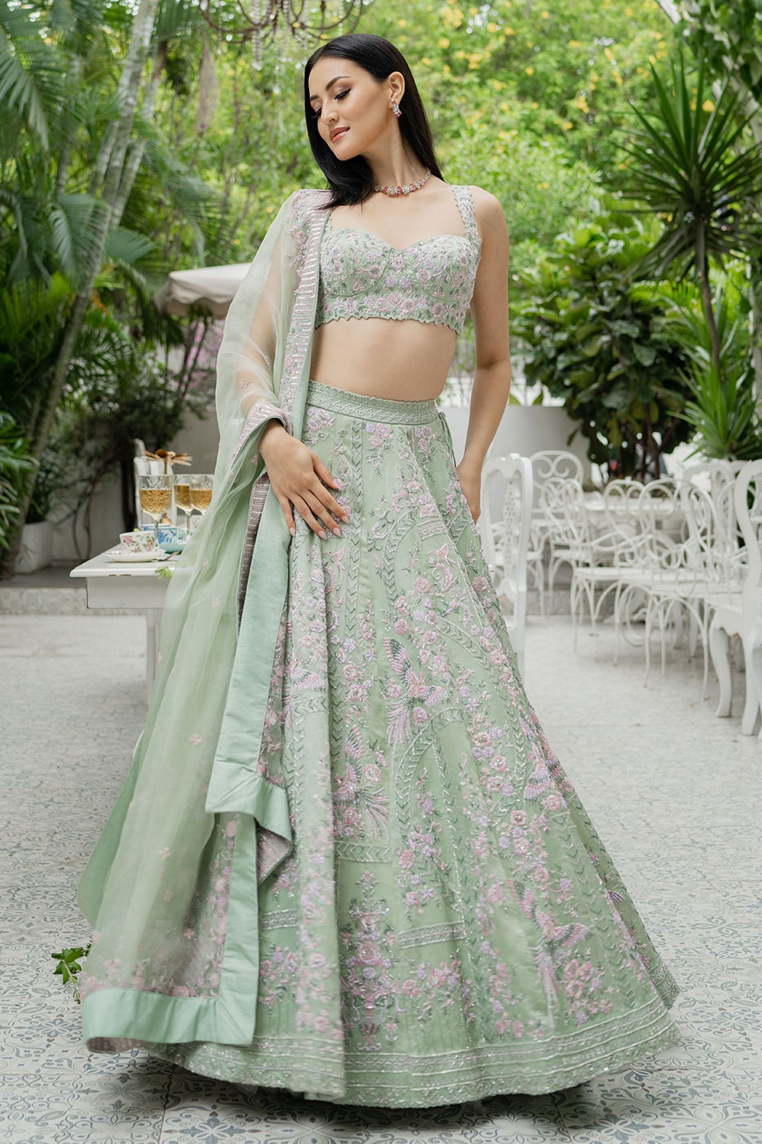 Buy Green Silk Organza Embellishment Bugle Beads Embroidered Lehenga