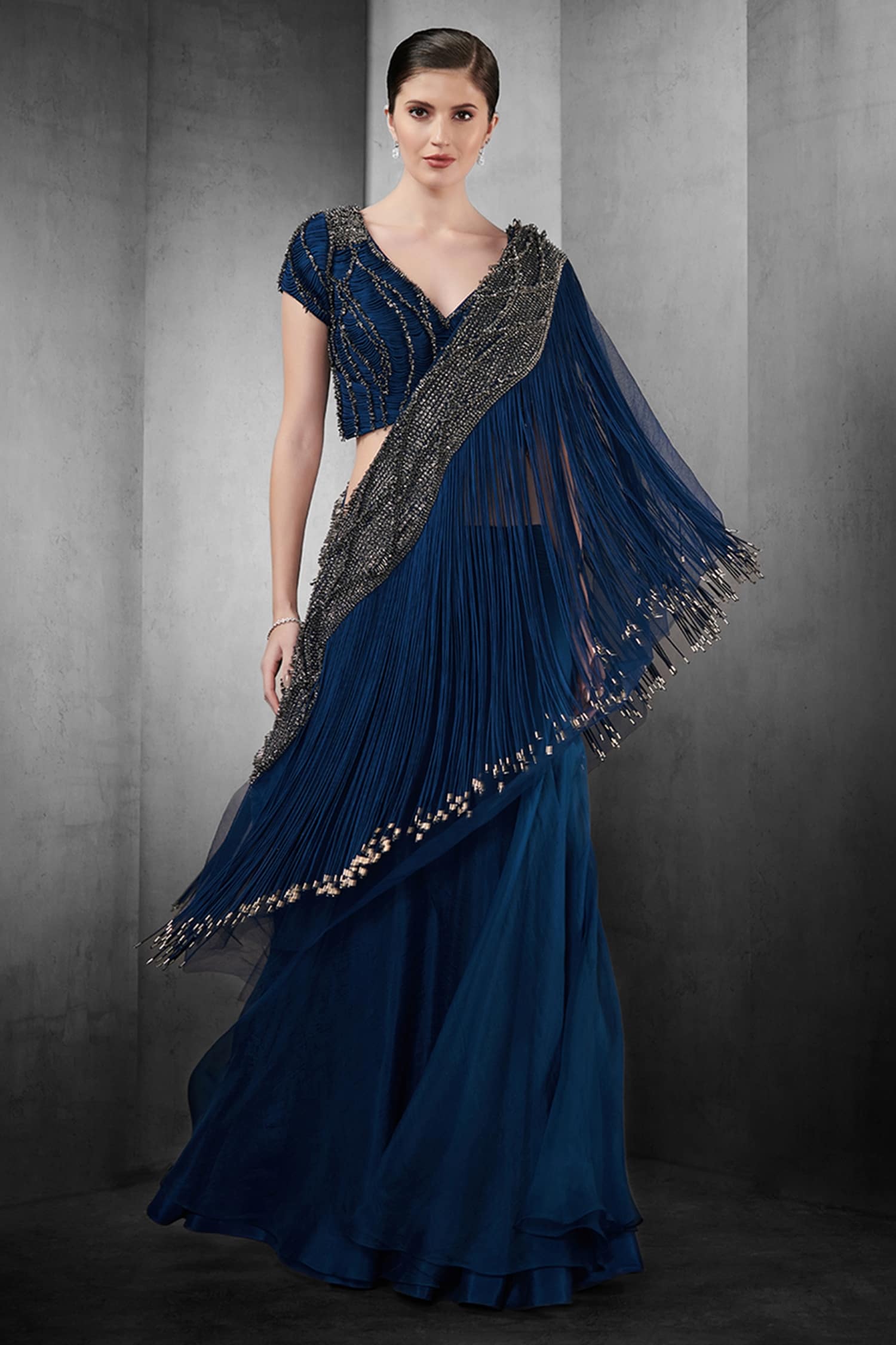 The beautiful shade of Teal Blue and Cream put together in this Lehenga  style Net Saree looks spell bounding. T… | Lehenga style saree, Saree  designs, Lehenga saree