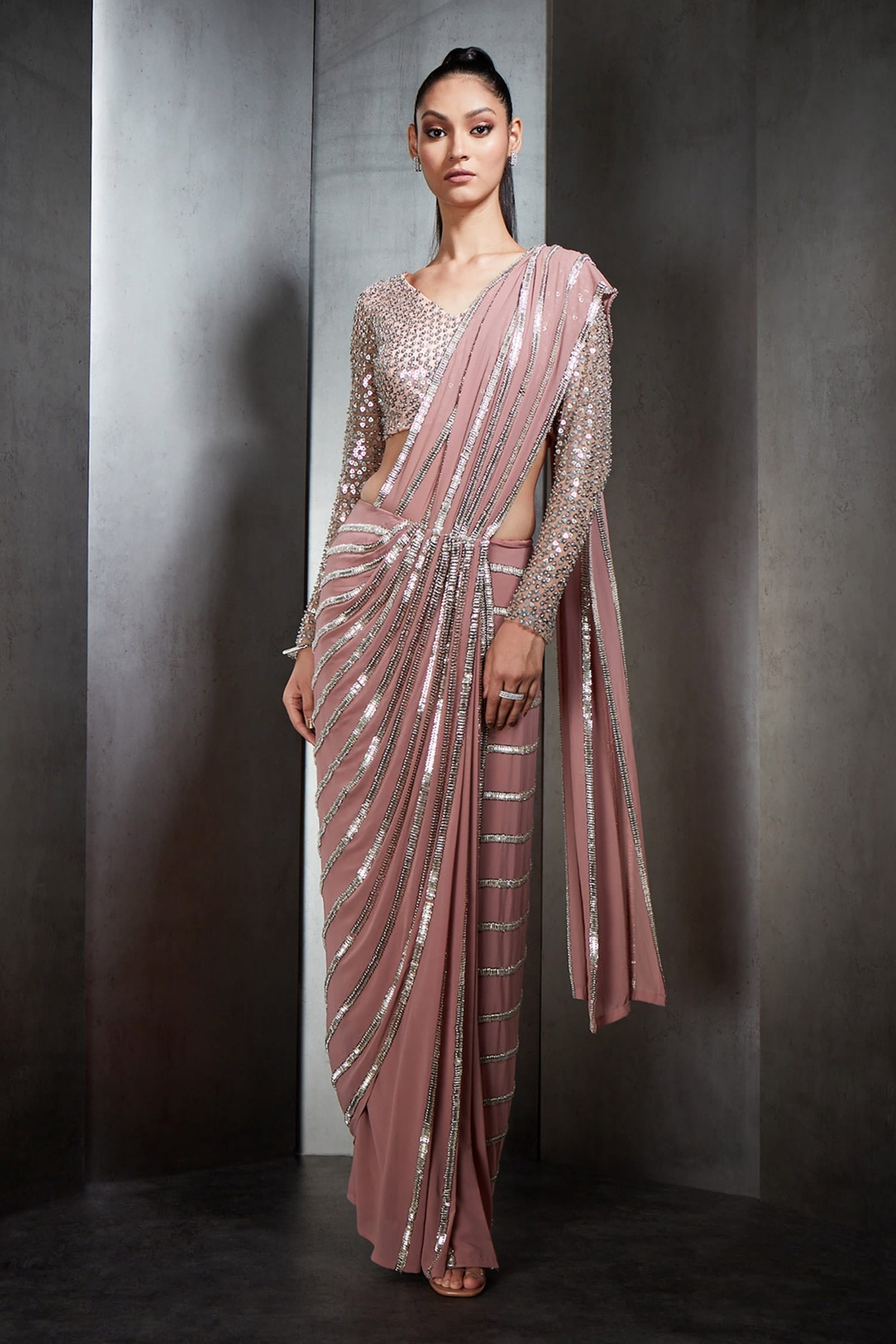 Buy Pink Jacket Tulle Hand Embroidered Aine Pre-draped Saree And