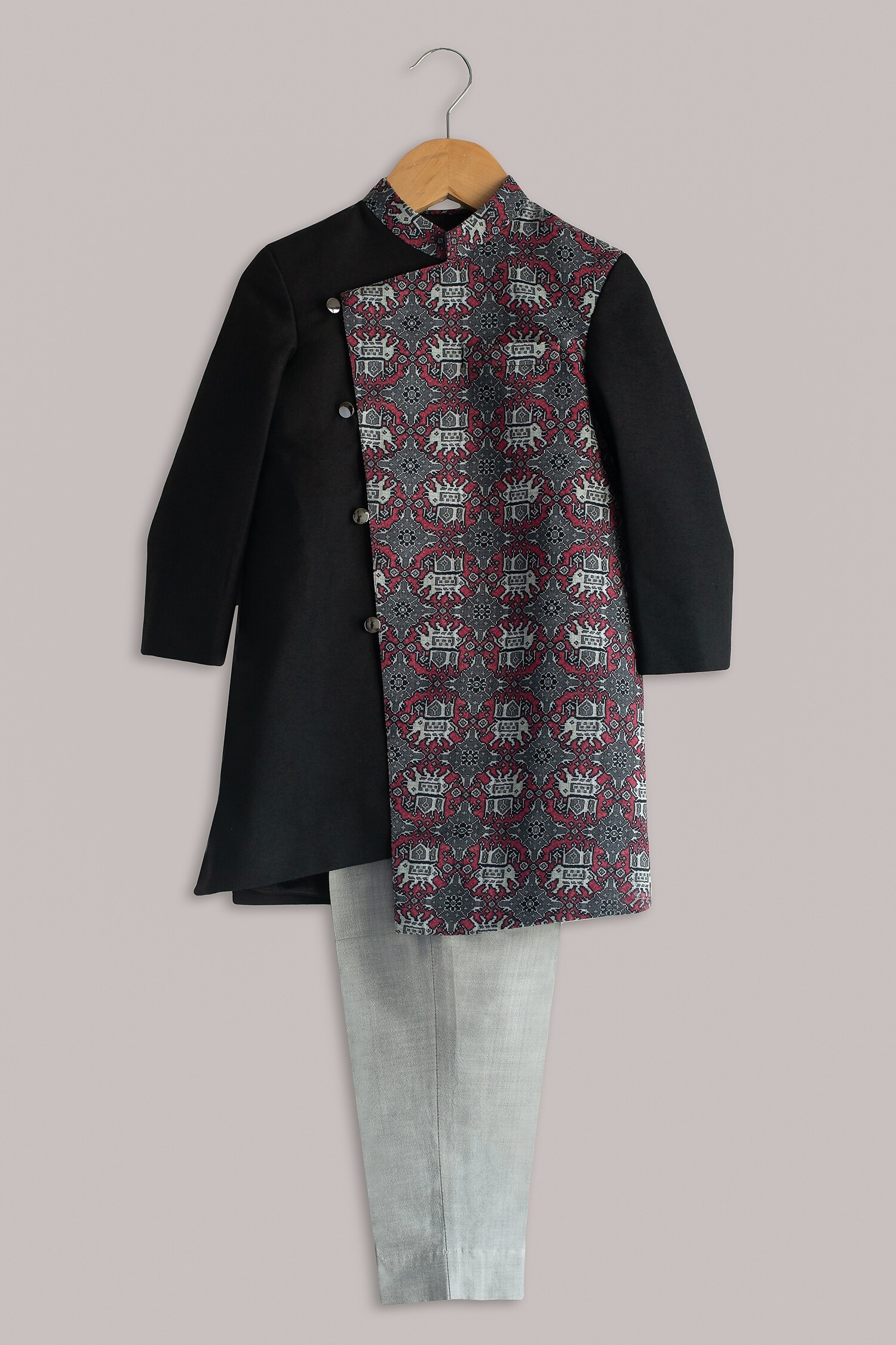 Buy Black Cotton Silk Printed Elephant Sherwani Set For Boys by Minikin ...