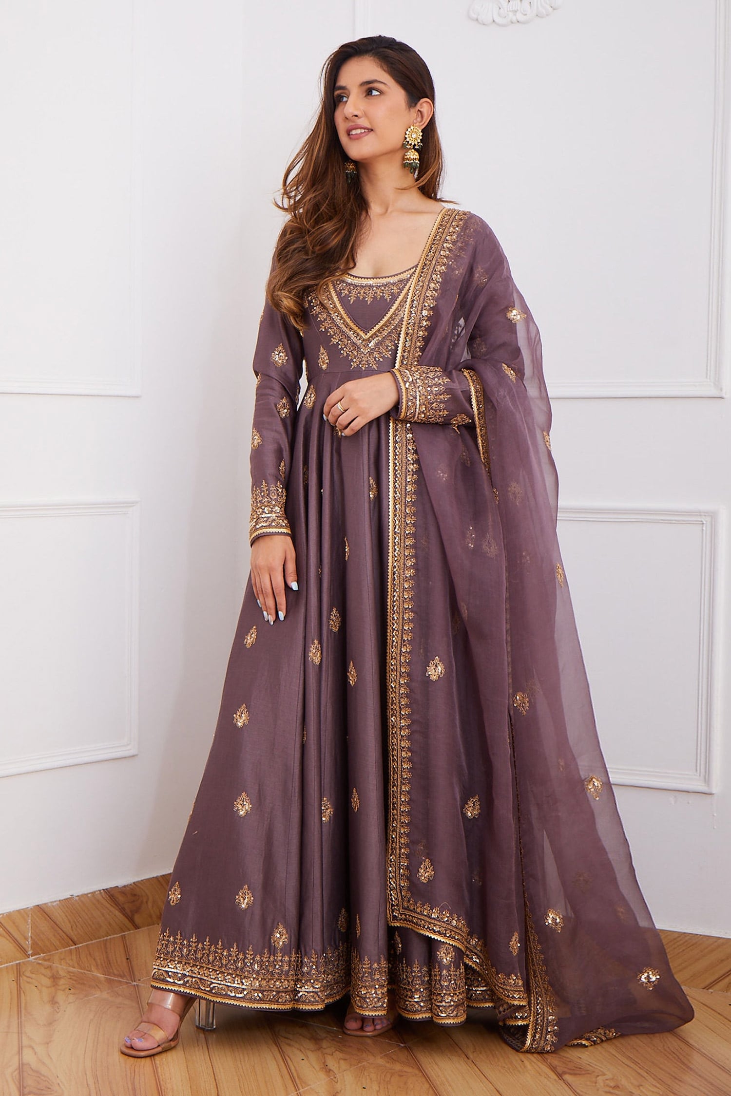 Buy Purple Chanderi Embroidery Sequin U Neck Anarkali Set For Women By Jigar Mali Online At Aza