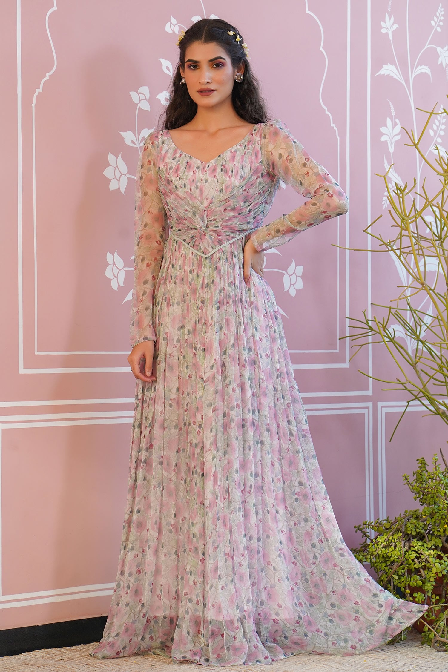 Baise Gaba Pink Gown - Chiffon Printed Floral V Neck Maiden For Women