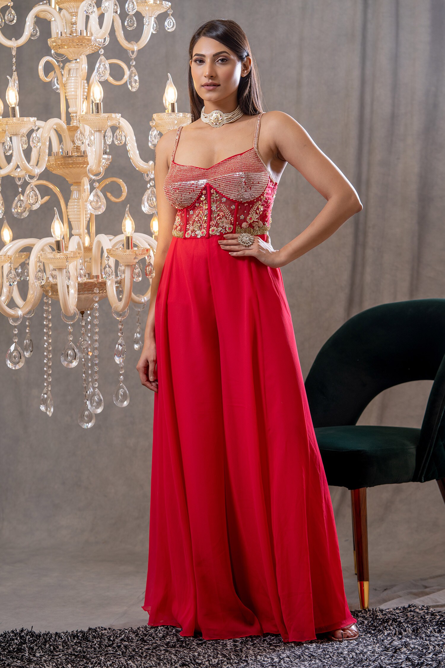 Buy Pink Silk Embroidery Sequin V Neck Ruby Jumpsuit For Women by