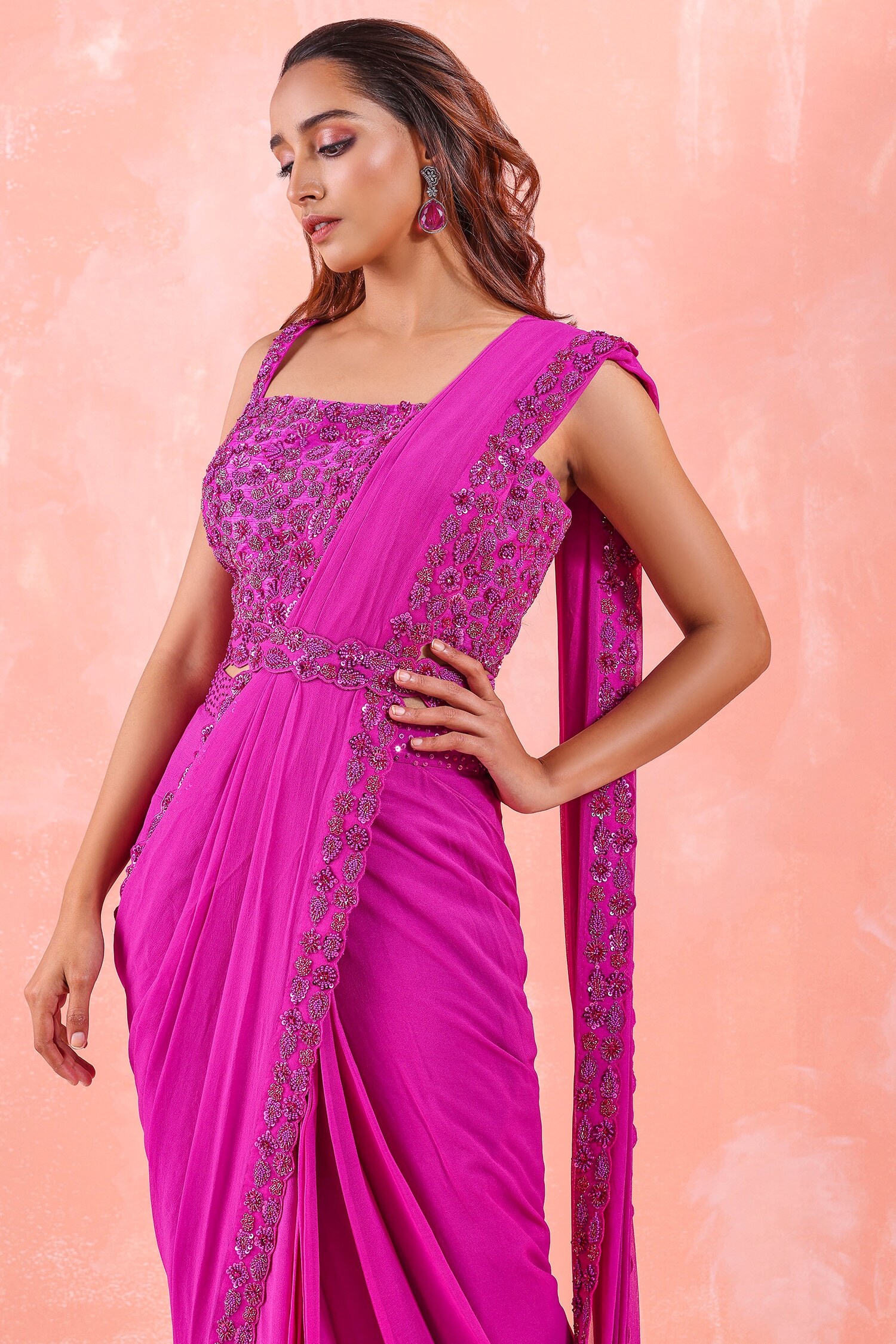 Buy Pink Saree 100% Silk Organza Embroidery Placement With Blouse For Women  by Zoon Online at Aza Fashions.