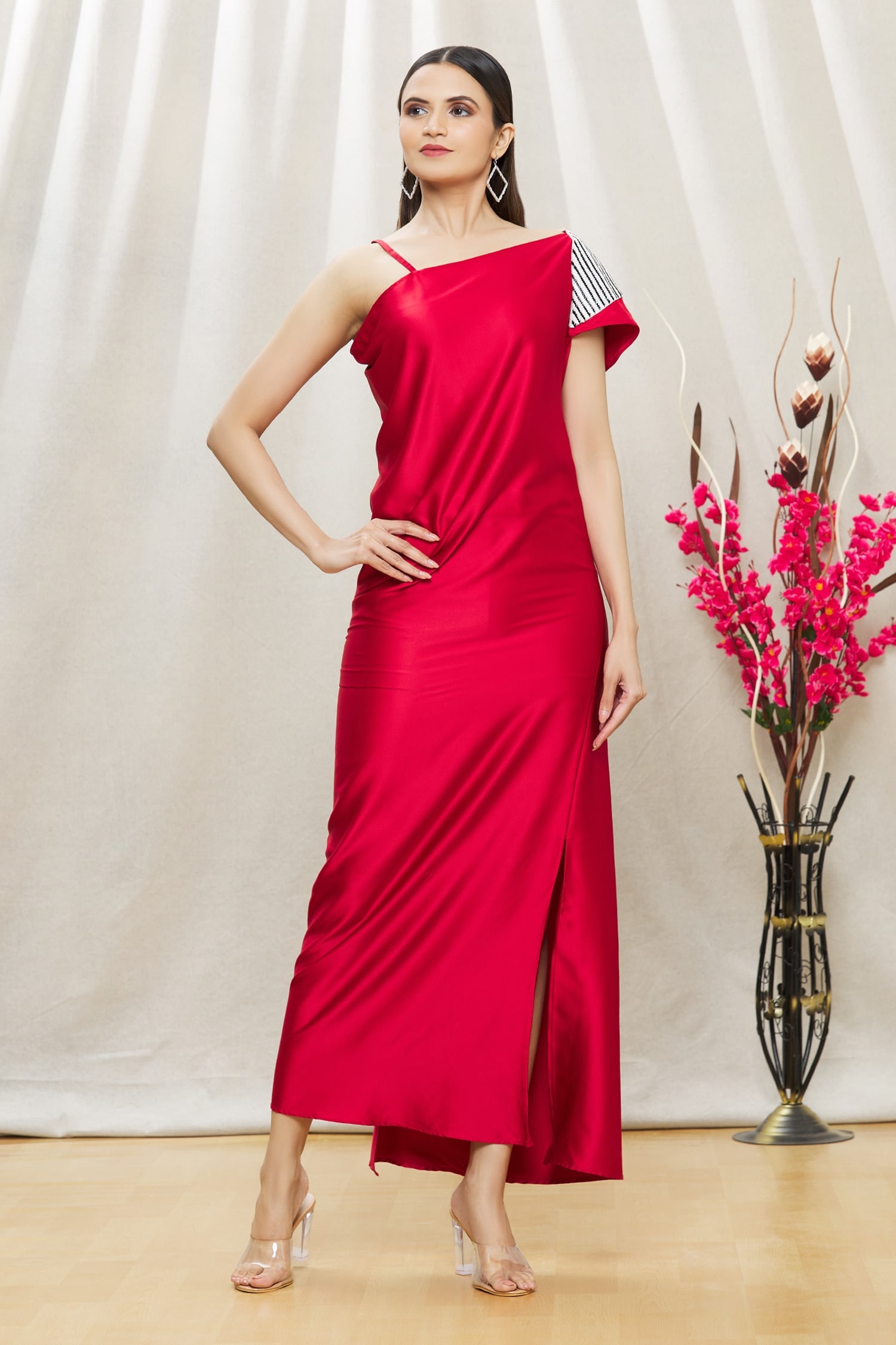 Red satin discount one shoulder dress