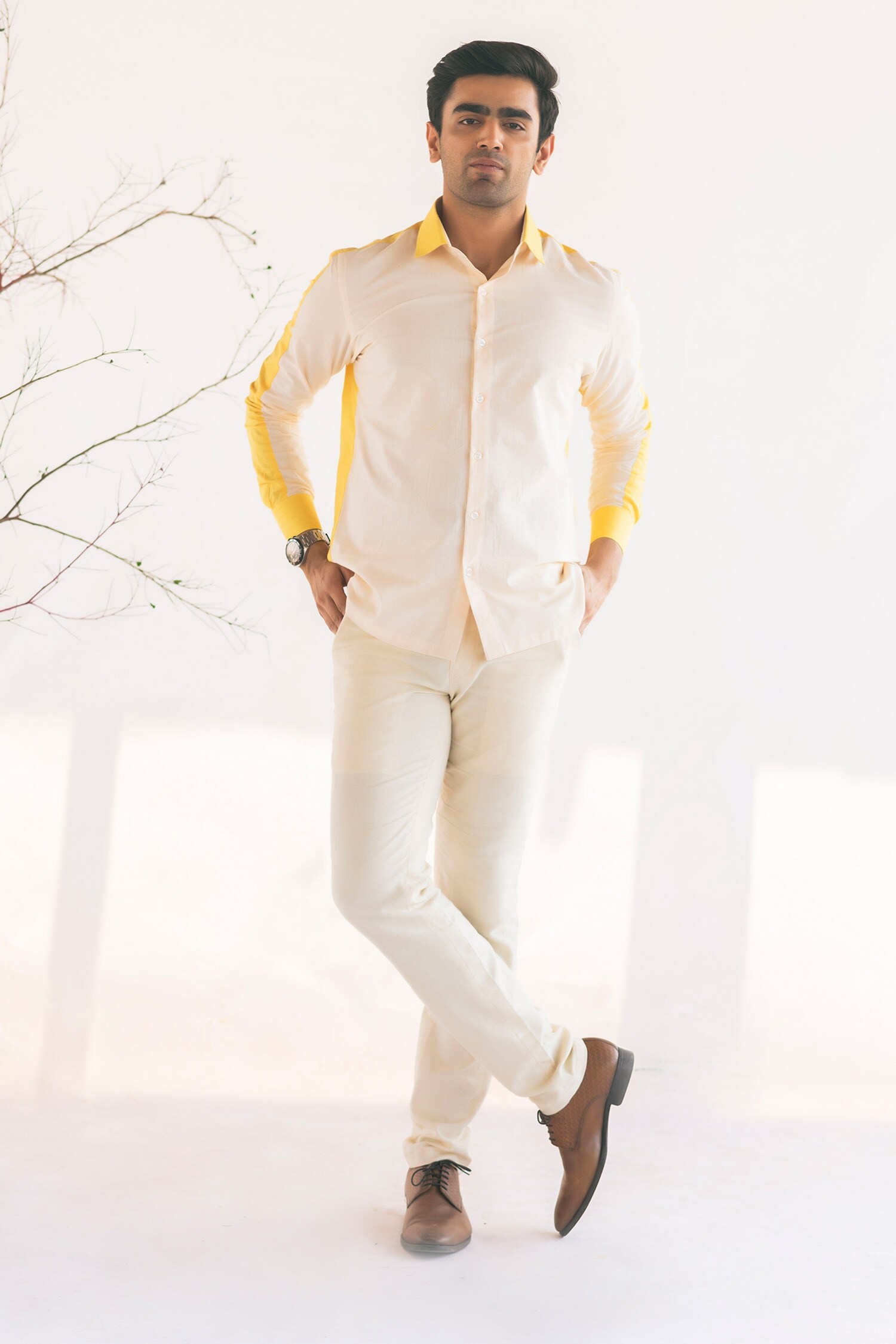 Vaani Beswal White Handwoven Cotton Fruce Colourblock Shirt For Men