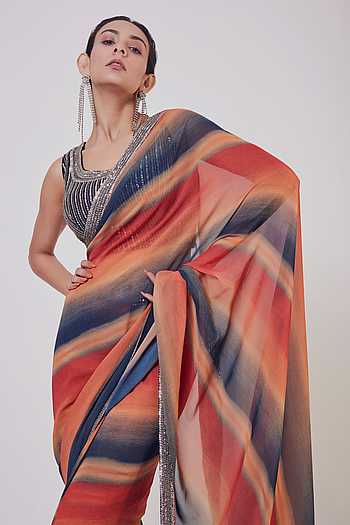 Green Ombre Saree With Mirror & Crystal Embellished Blouse