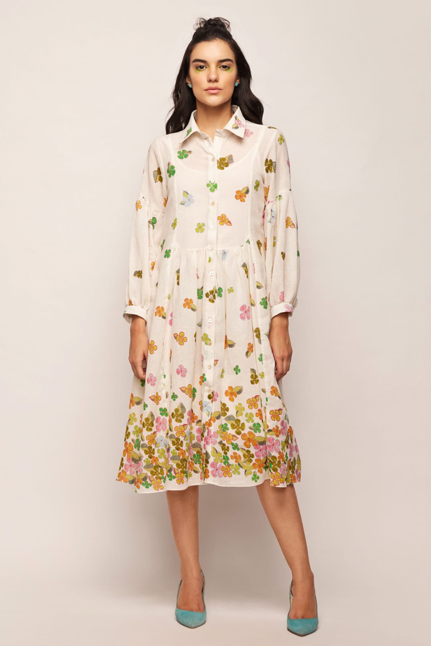 Buy White Linen Cotton Printed Floral Shirt Collar Jacket Dress For