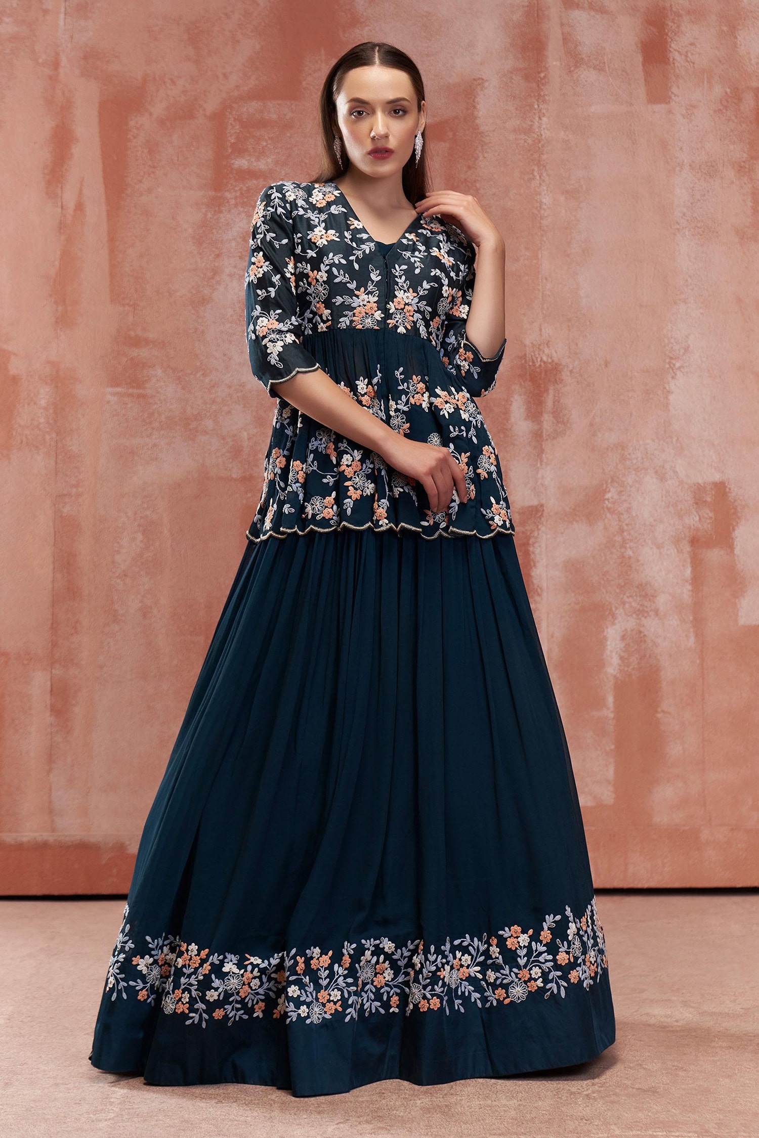 Buy Blue Georgette Crepe Embroidered Floral Peplum Top And Lehenga Set ...