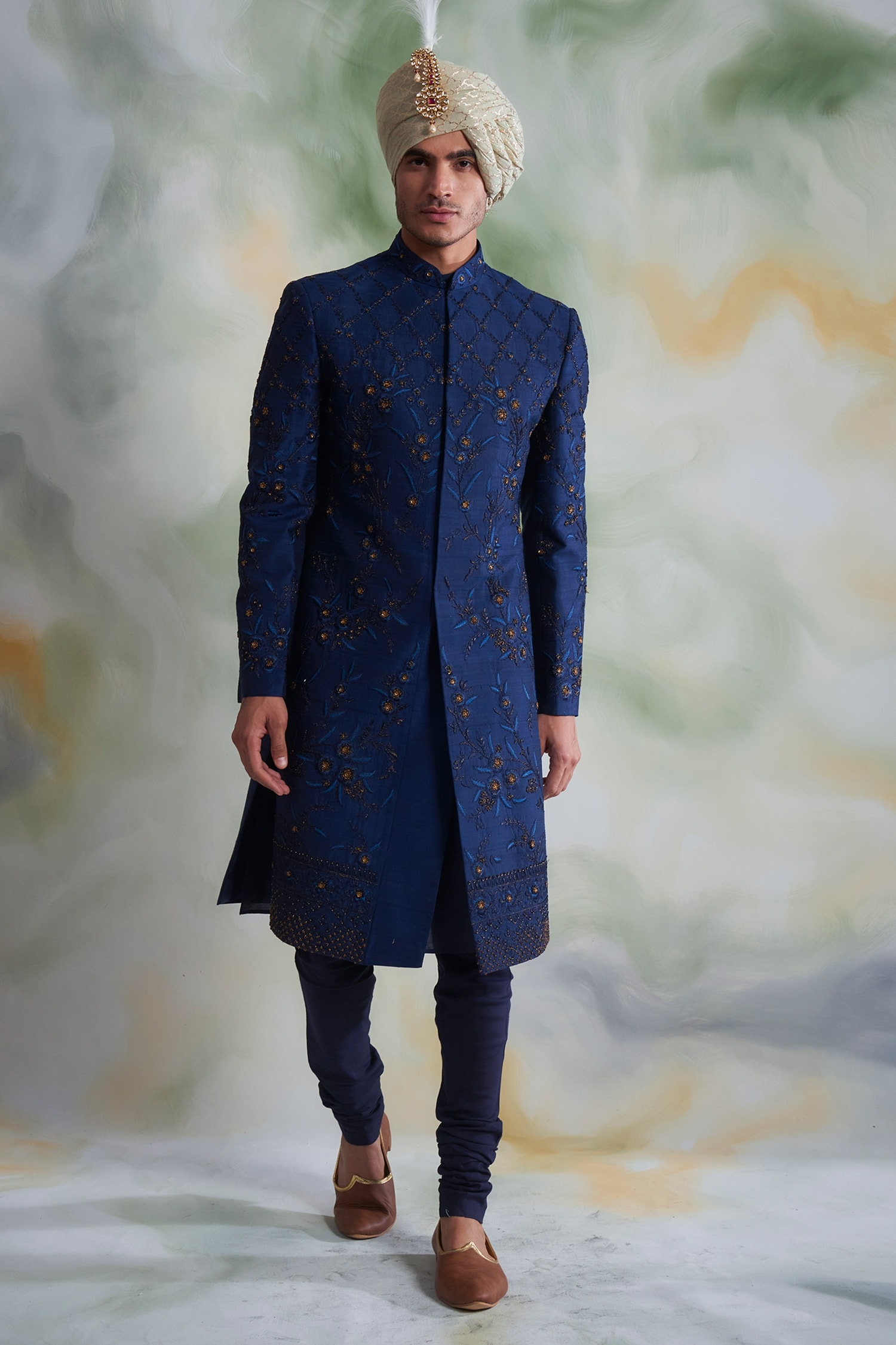 Buy Blue Raw Silk Embroidered Thread Work Floral Sherwani Set For Men ...