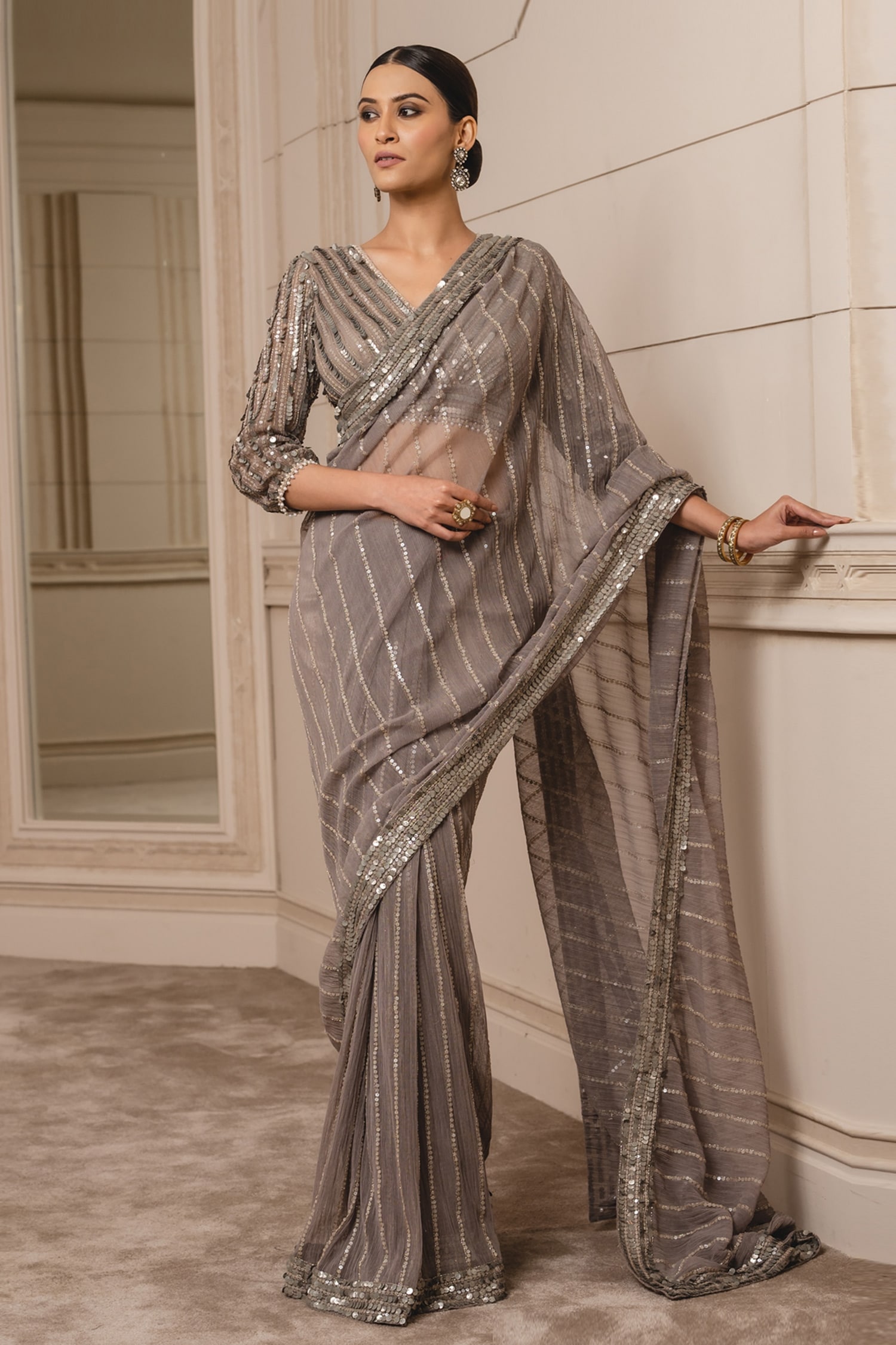 Buy Pastel Grey Saree with Sequins and Zari Work Blouse Online - SREV2711