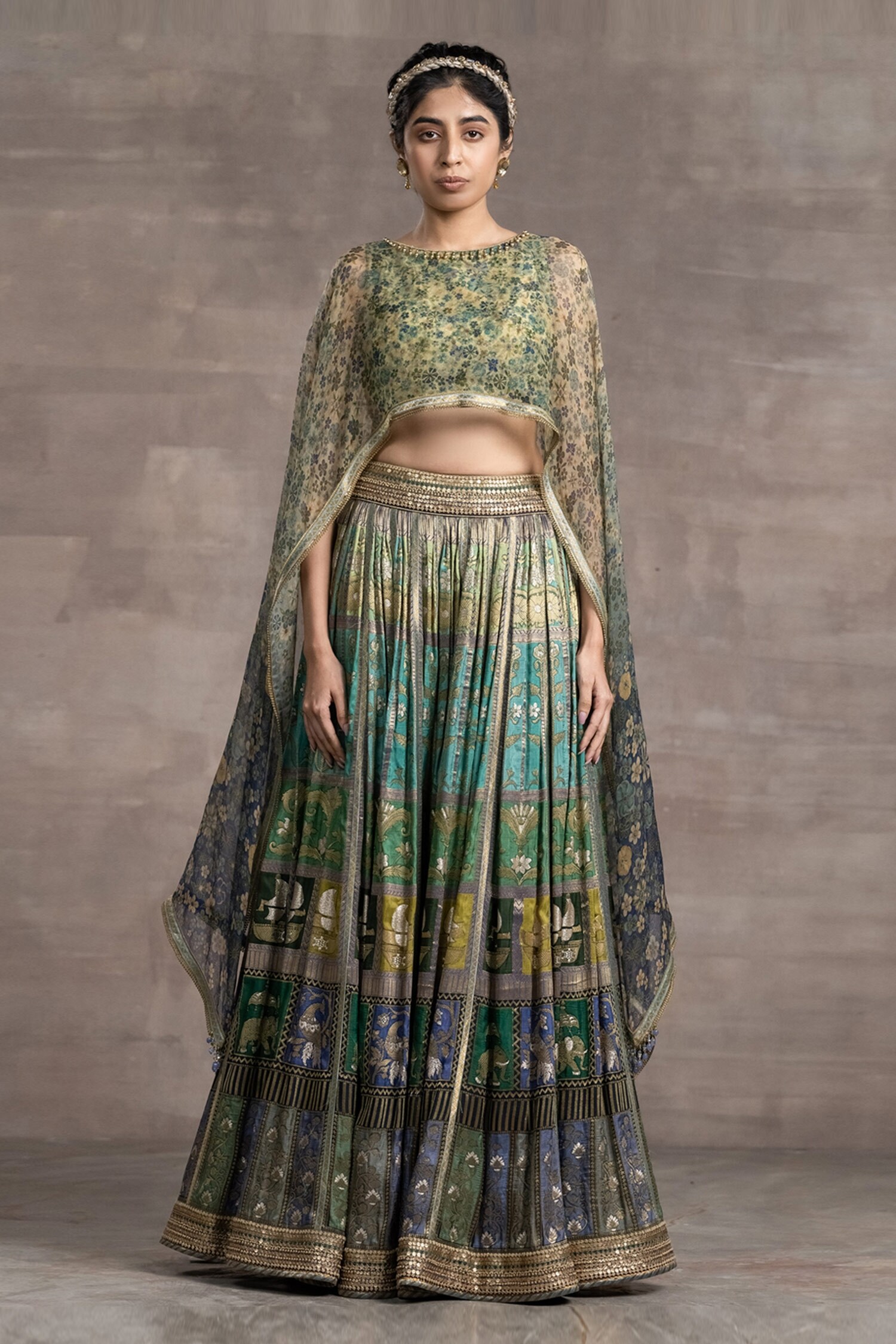 Buy Tarun Tahiliani Blue Jacquard Lehenga And Printed Cape Blouse ...