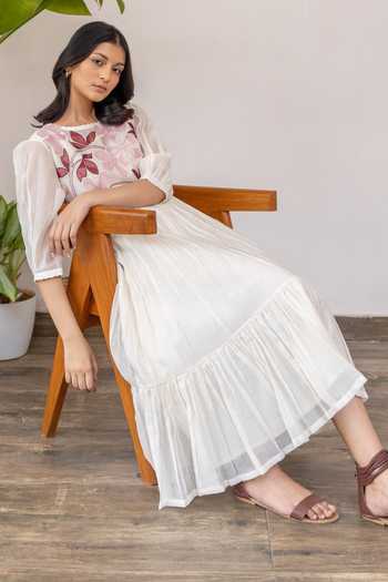 Buy White Cotton, Chanderi Floral Round Embroidered Dress For Women by  Khamaj India Online at Aza Fashions.