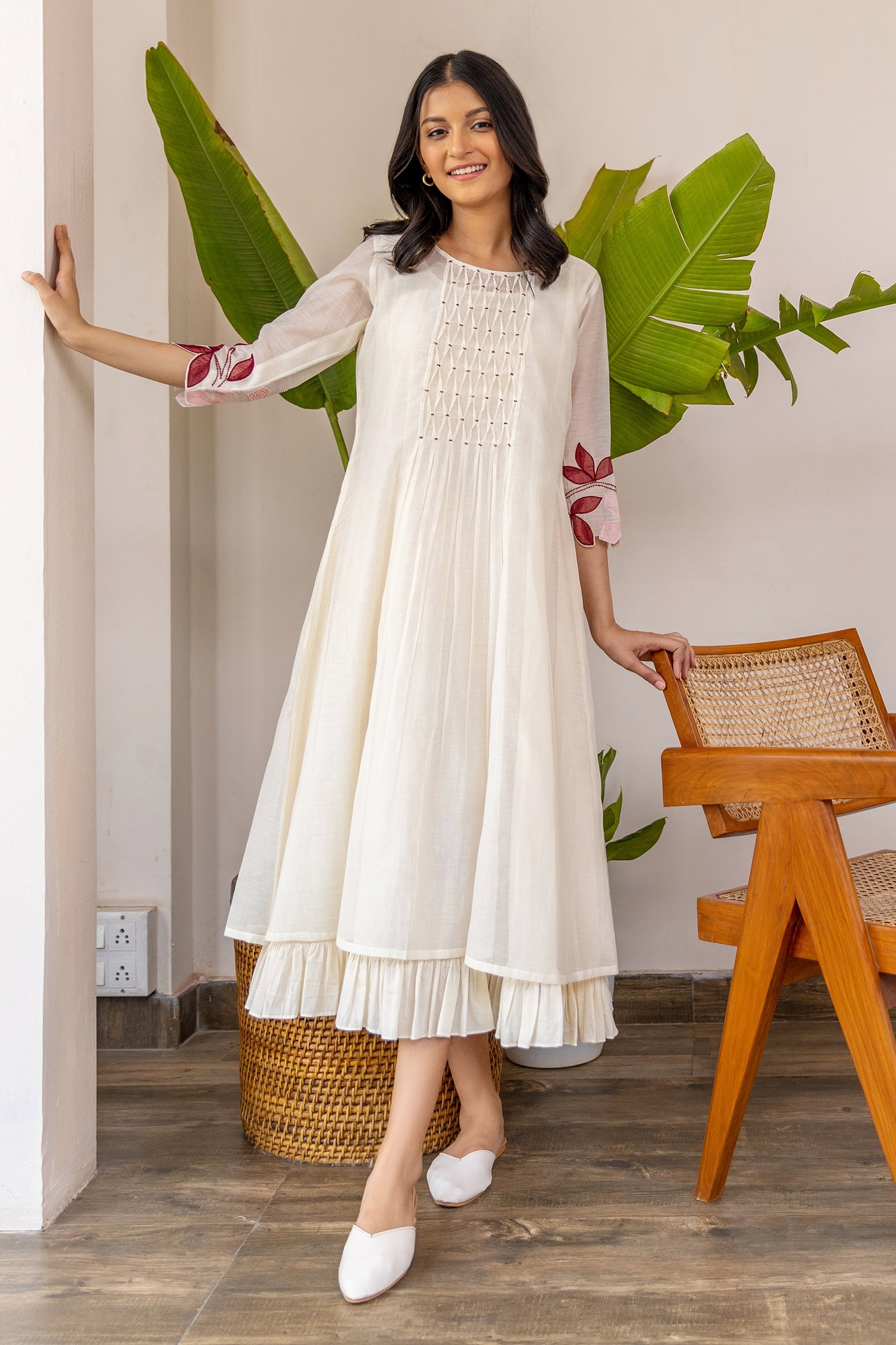 Khamaj India White Chanderi Embroidery Floral Round Smocked Dress For Women