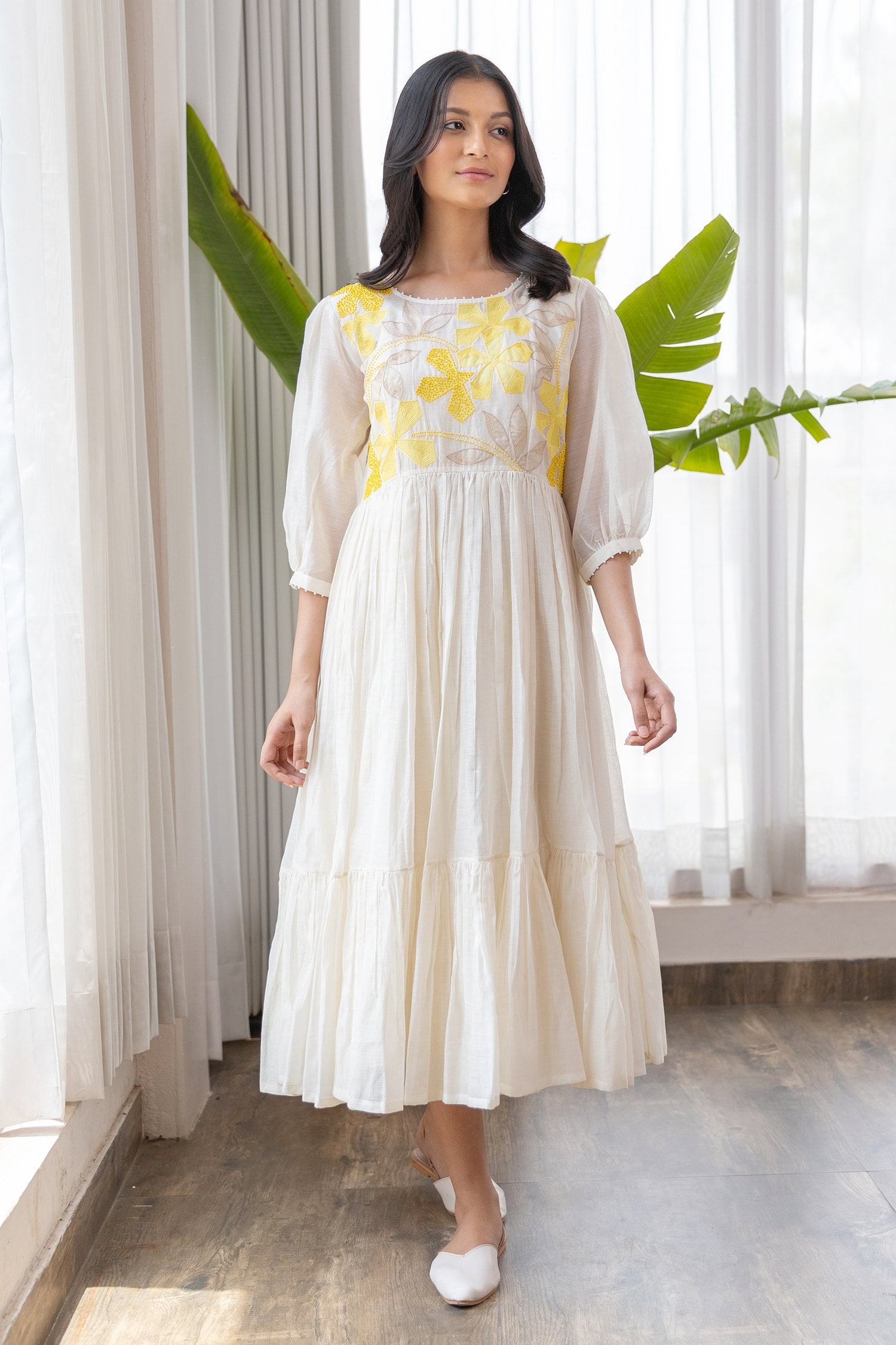 Khamaj India White Chanderi Embroidery Floral Round Dress For Women