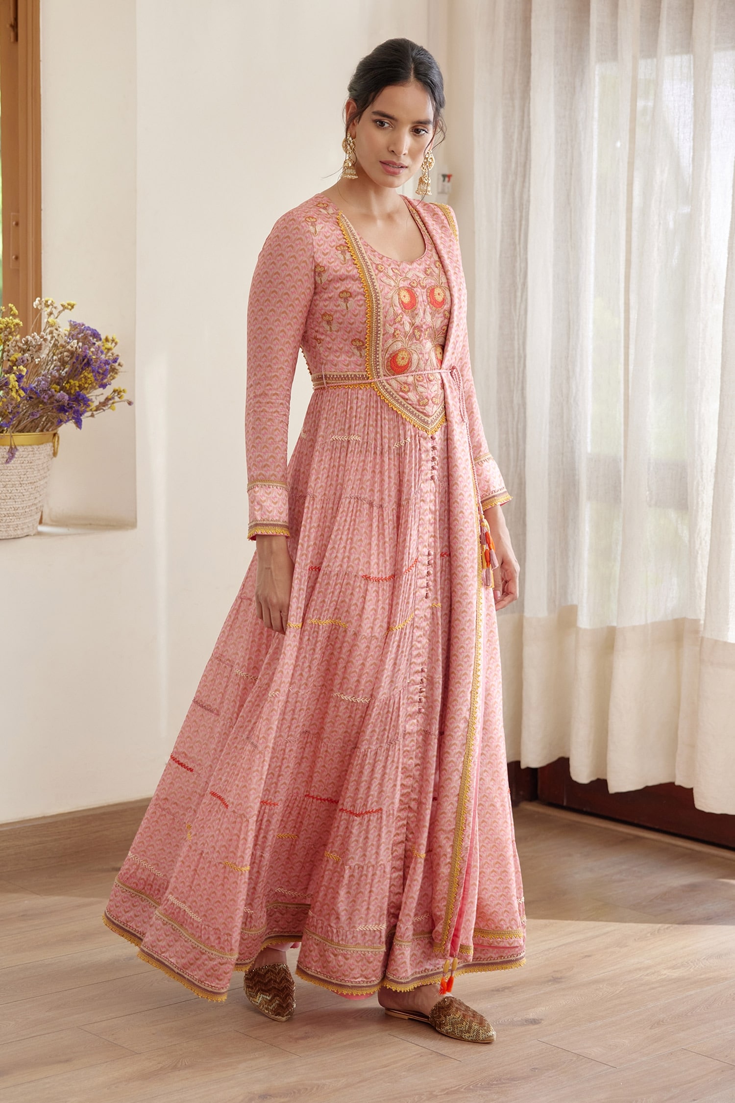 Shyam Narayan Prasad Pink Modal Satin Printed Anarkali Set