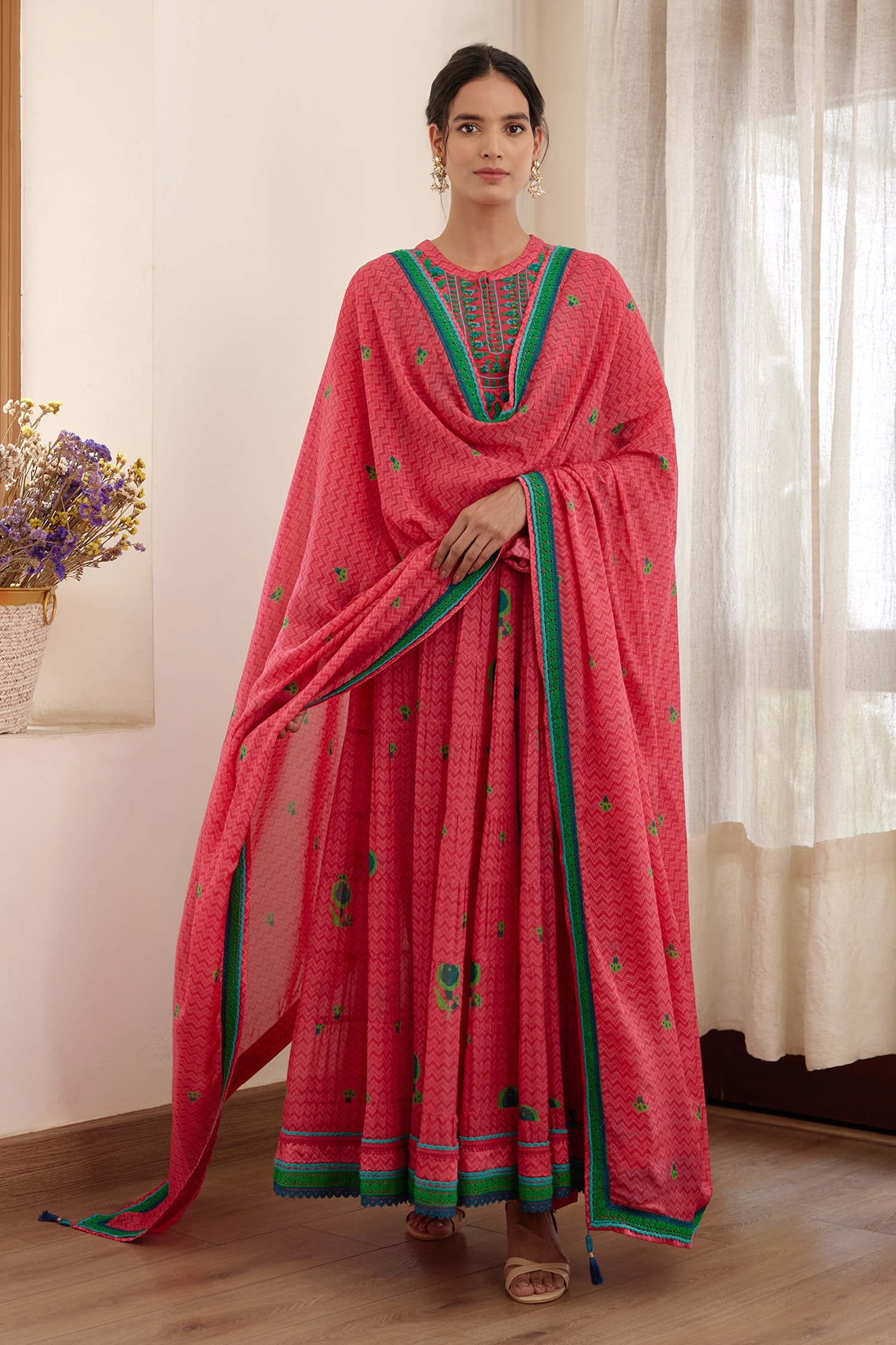 Shyam Narayan Prasad Pink Modal Satin Floral Print Tiered Anarkali Set
