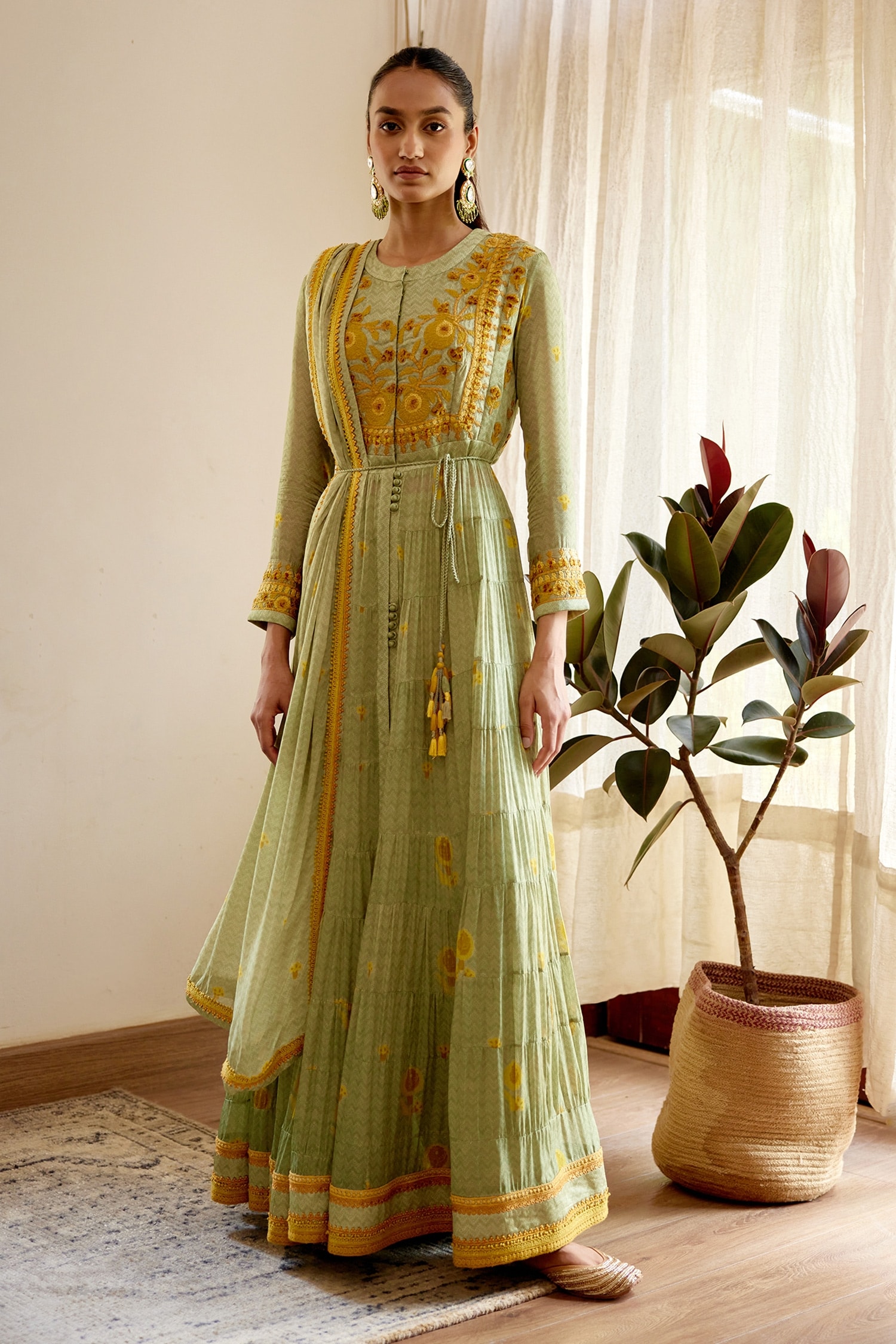 Shyam Narayan Prasad Green Modal Satin Floral Print Tiered Anarkali Set