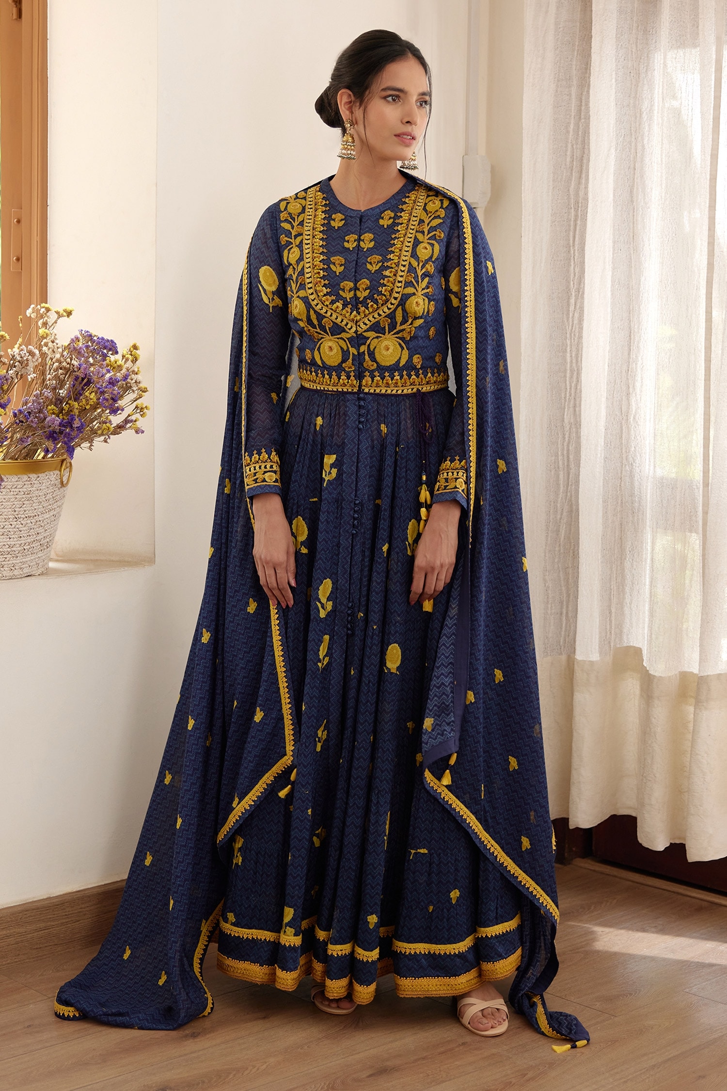 Shyam Narayan Prasad Purple Modal Satin Floral Print Tiered Anarkali Set