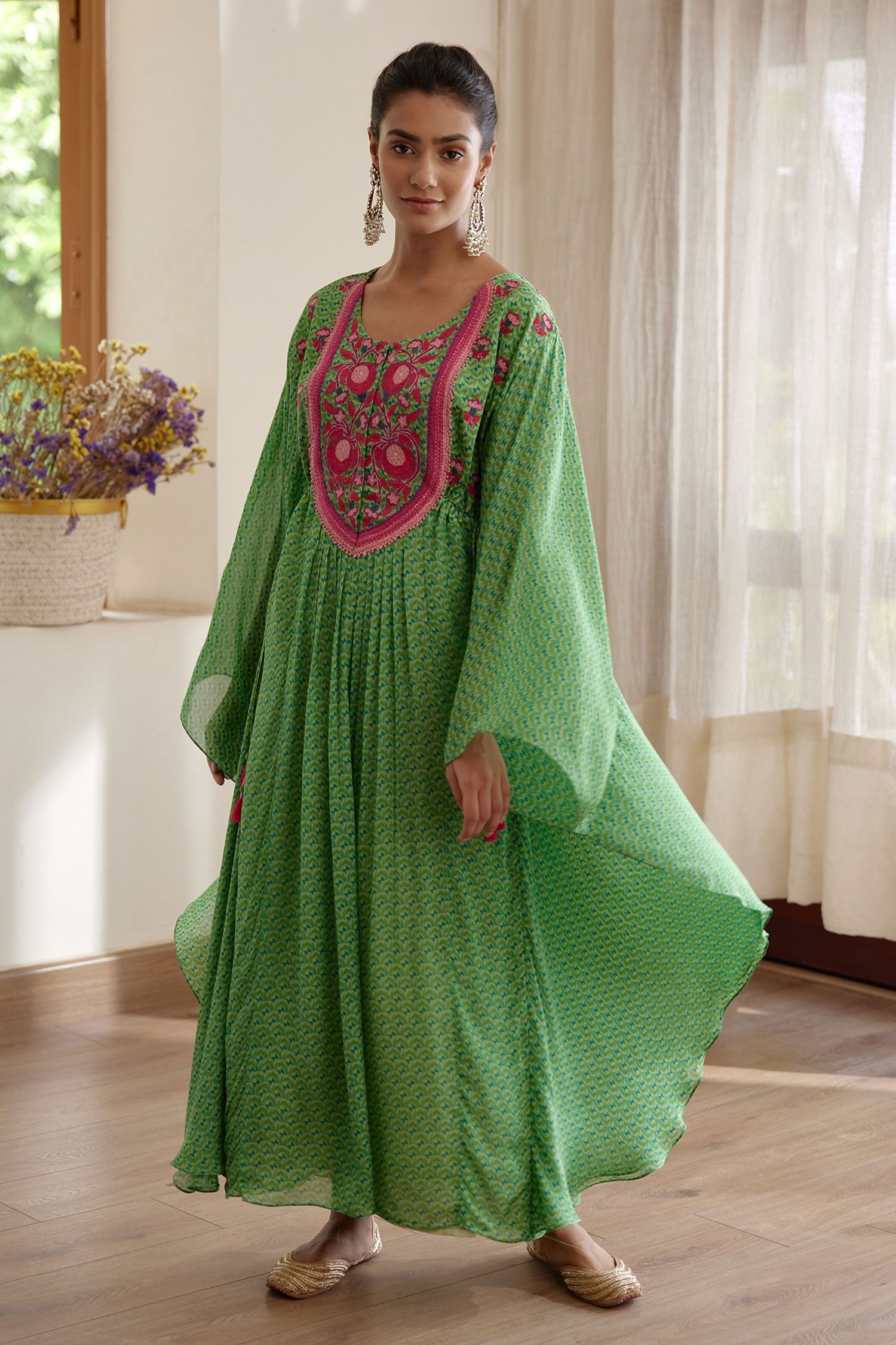 Shyam Narayan Prasad Green Modal Satin Printed Asymmetric Kaftan