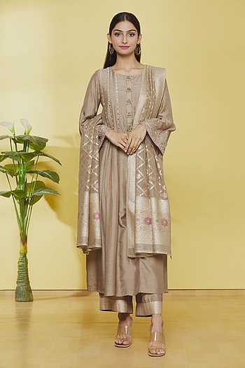 Women Brown Embroidered Straight Kurta With Palazzo Set