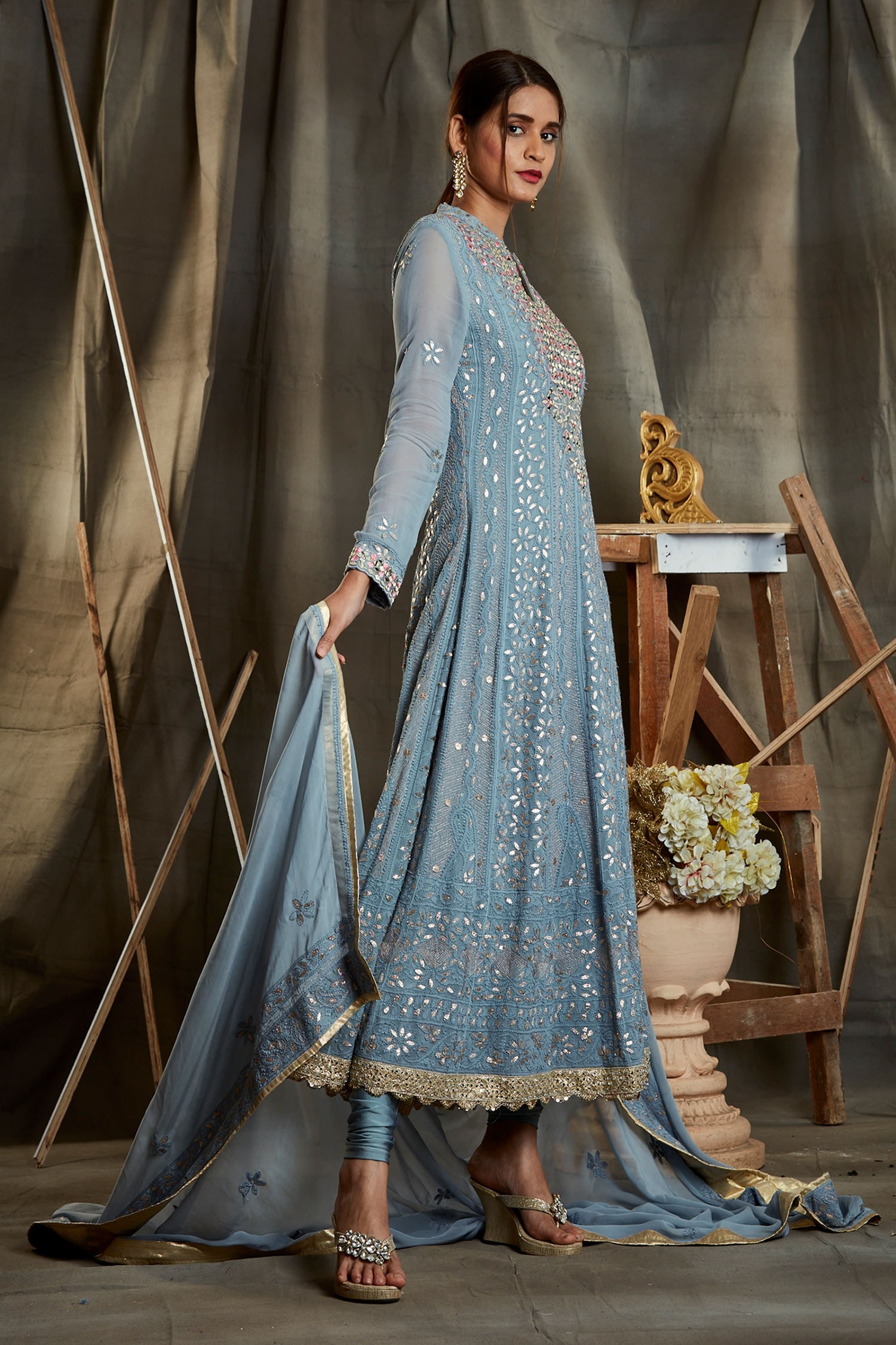 Buy Sunita Nagi Grey Lucknowi Fabric Chikankari Embroidered Anarkali ...