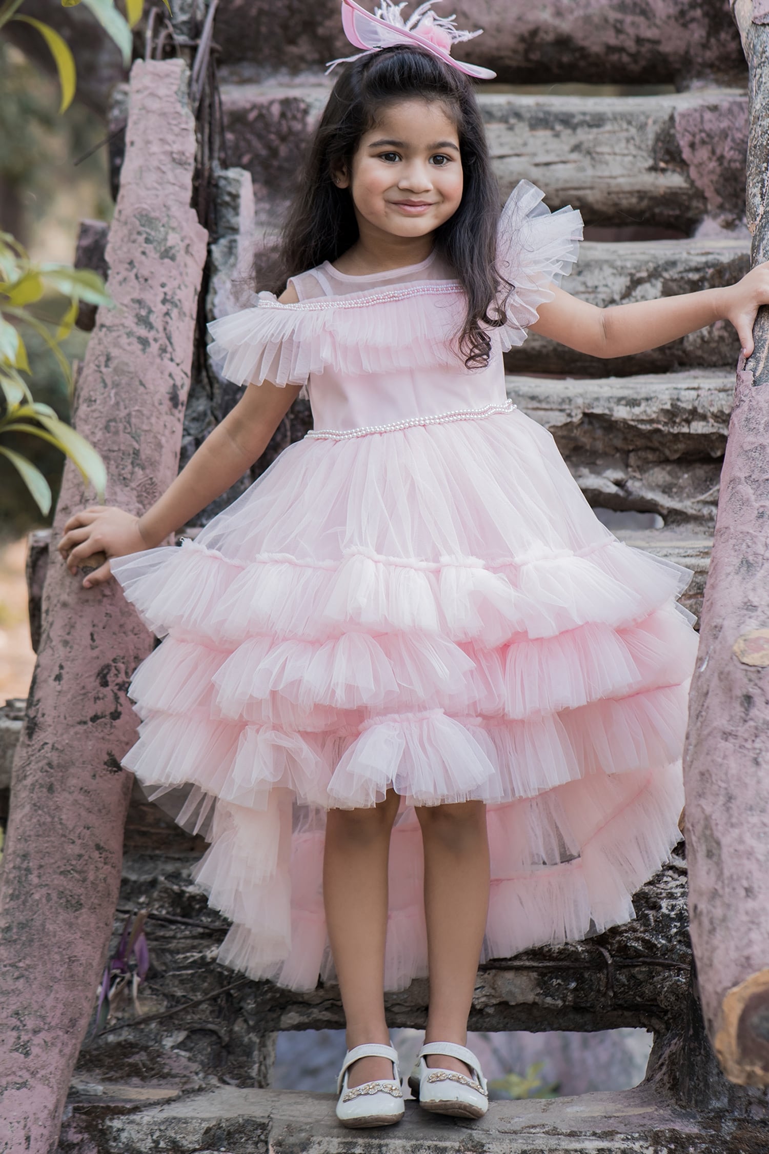 Buy Pink Net Embellished Pearl Cold Shoulder Ruffle Dress For Girls by ...