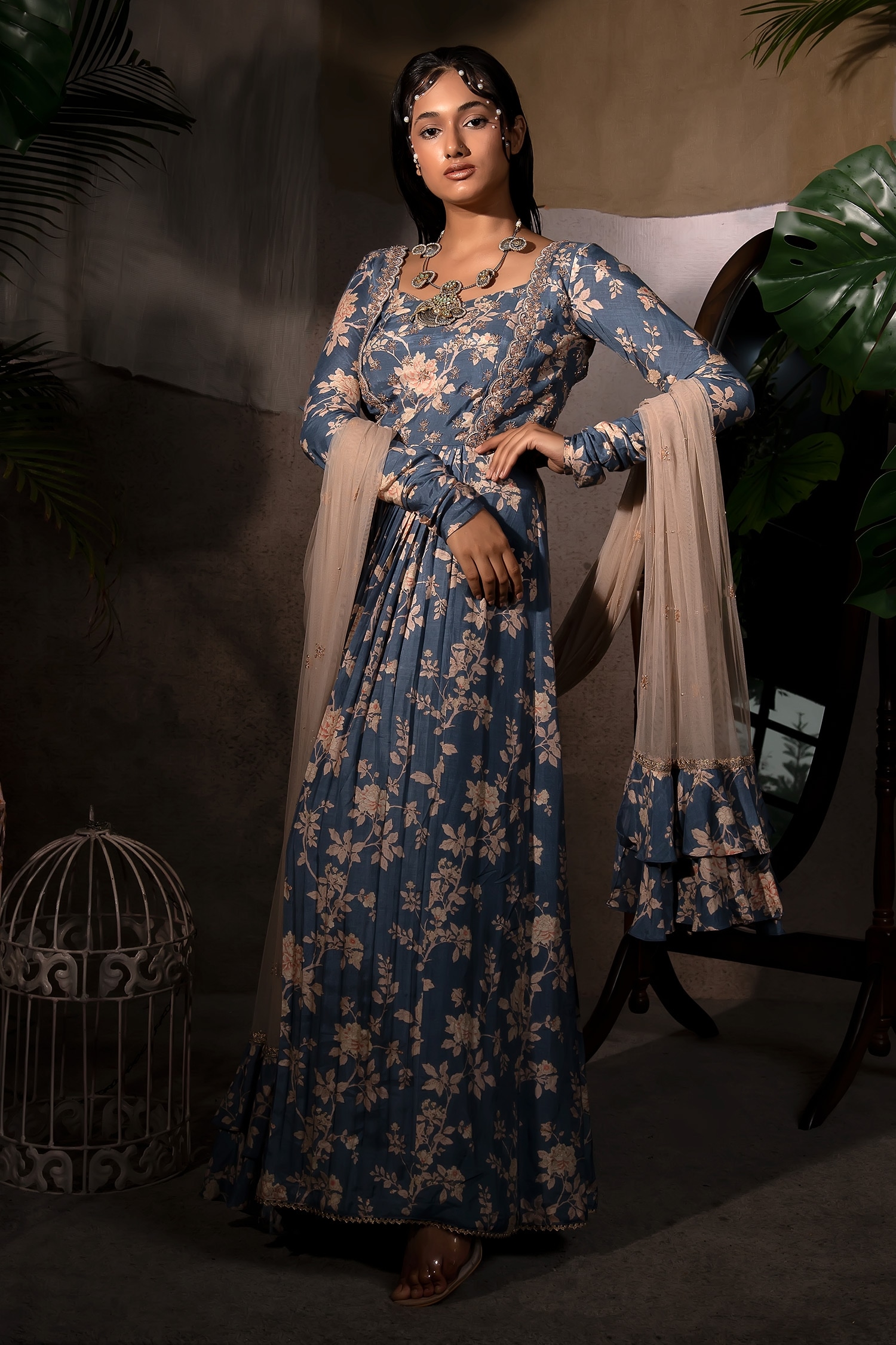 grey shade silk net long embroidered jacket style anarkali suit 7105