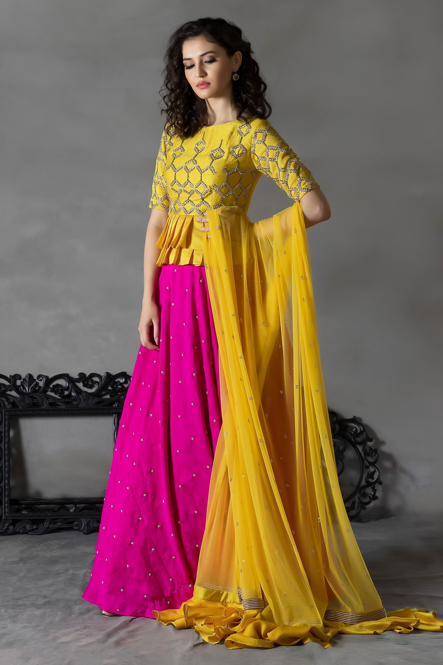 Hot Pink Marodi Peplum with Yellow Embroidered Lehenga – Swati Vijaivargie