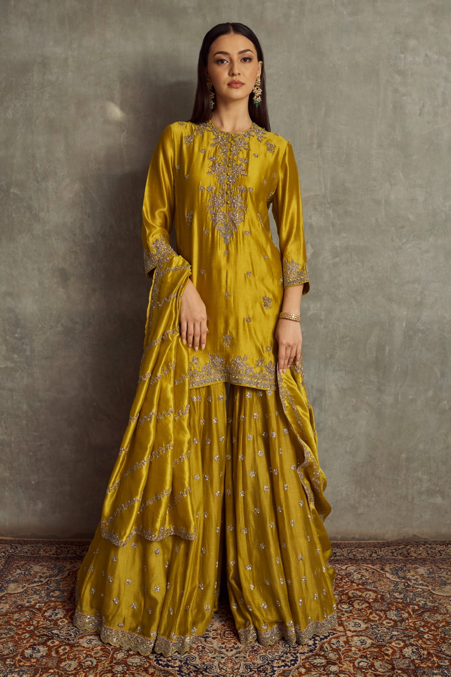 Buy Yellow Cheniya Silk Embroidered Floral Round Kurta Sharara Set For ...